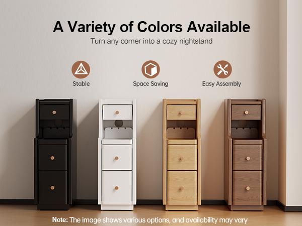 100% Solid Wood Fully Assembled Nightstand - Narrow 3-Drawer Slim Bedroom Table with Clean Aesthetic, Quiet Glide Drawers, Fits Between Beds for Small Room Ideas & Modern Bedroom