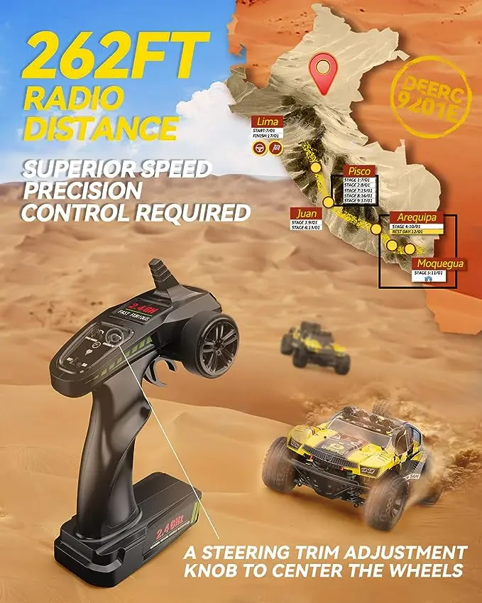 DEERC 9201E 1:10 Large Offroad Remote Control Race Car for Boys, 48 km/h Fast Short Course 4x4 PVC-Free Electric Vehicle with Lights, 2 Lithium-Ion Rechargeable Batteries, Miniature RC Cars