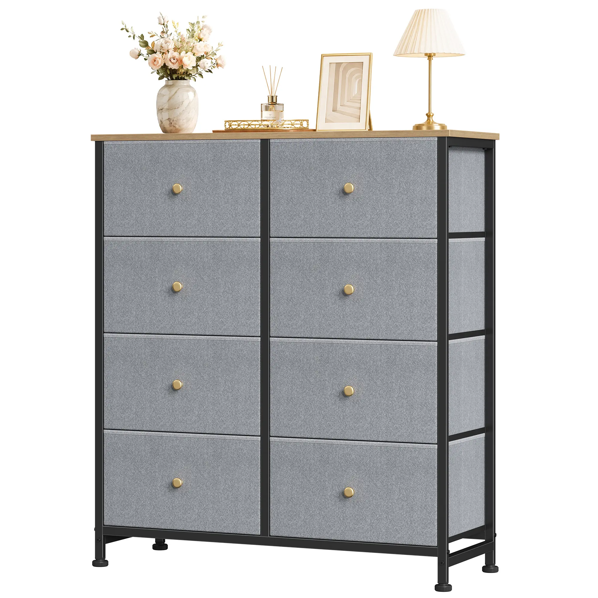 Dresser for Bedroom Drawer Dresser Organizer Storage Drawers Fabric Storage Tower, Chest of Drawers with 8 Fabric Bins, Steel Frame, Wooden Top