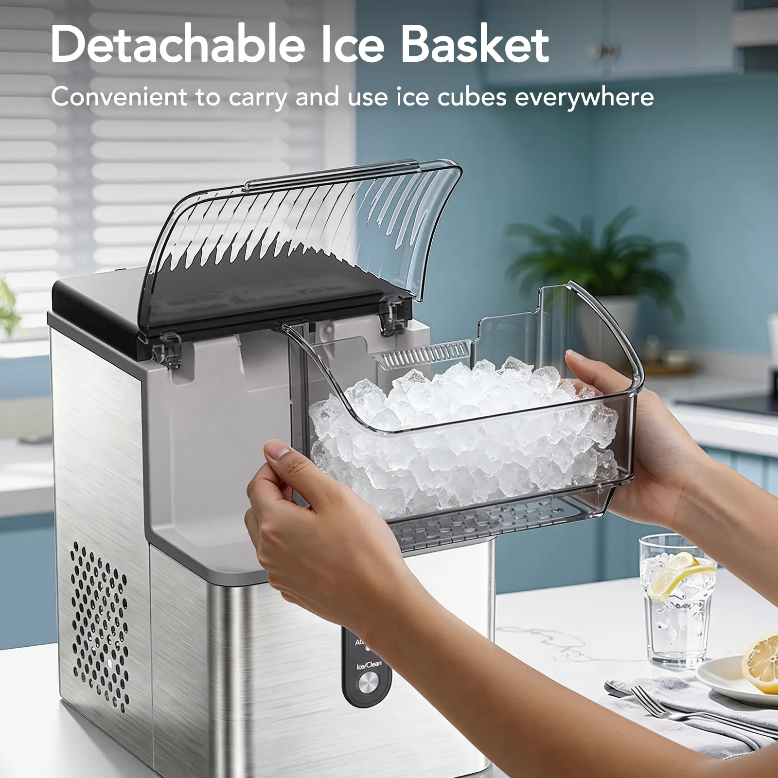 Nugget Ice Maker Countertop, Soft Chewable Nugget Ice Cubes Machine, One-Button Quick Ice Making 34Lbs/Day, Self-Cleaning, Portable Stainless Steel Ice Machine Icemachine Icemakermachine