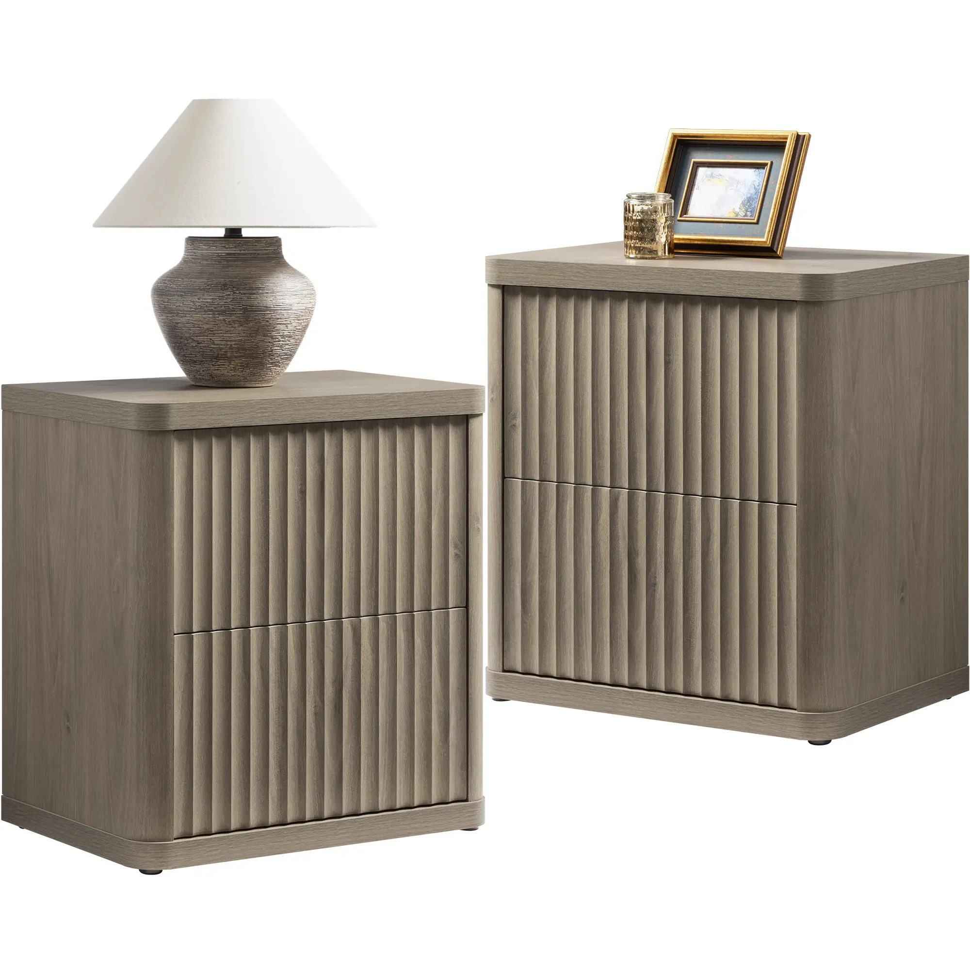 Set of 2 Contemporary Fluted Nightstands, 22.75" Wide, Handle‑Less 2‑Drawer Bedside Cabinets with Curved Edges for Small‑Space Bedrooms