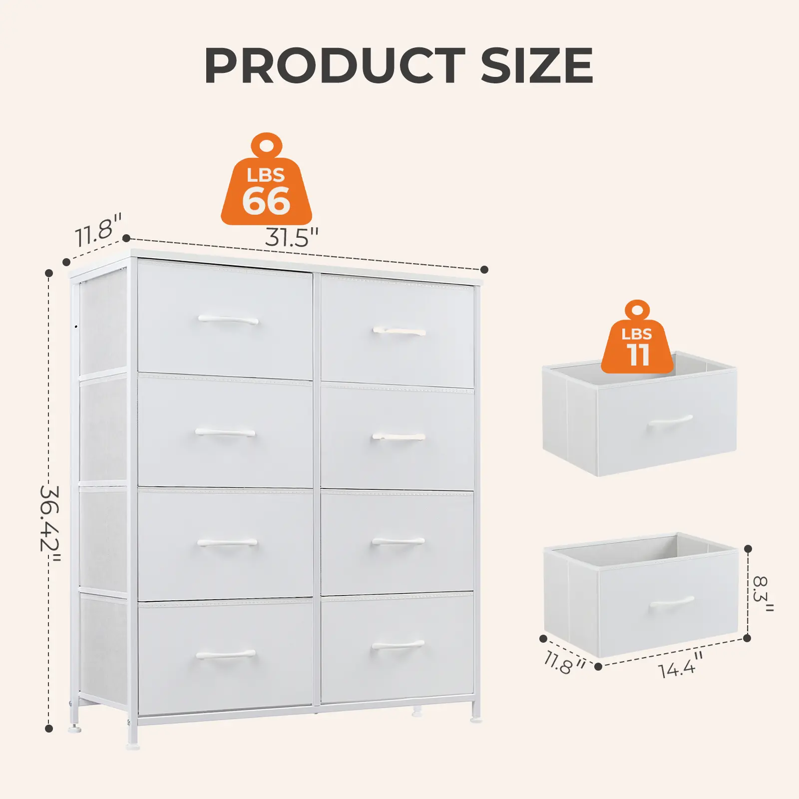 Dresser for Bedroom Drawer Dresser Organizer Storage Drawers Fabric Storage Tower, Chest of Drawers with 8 Fabric Bins, Steel Frame, Wooden Top