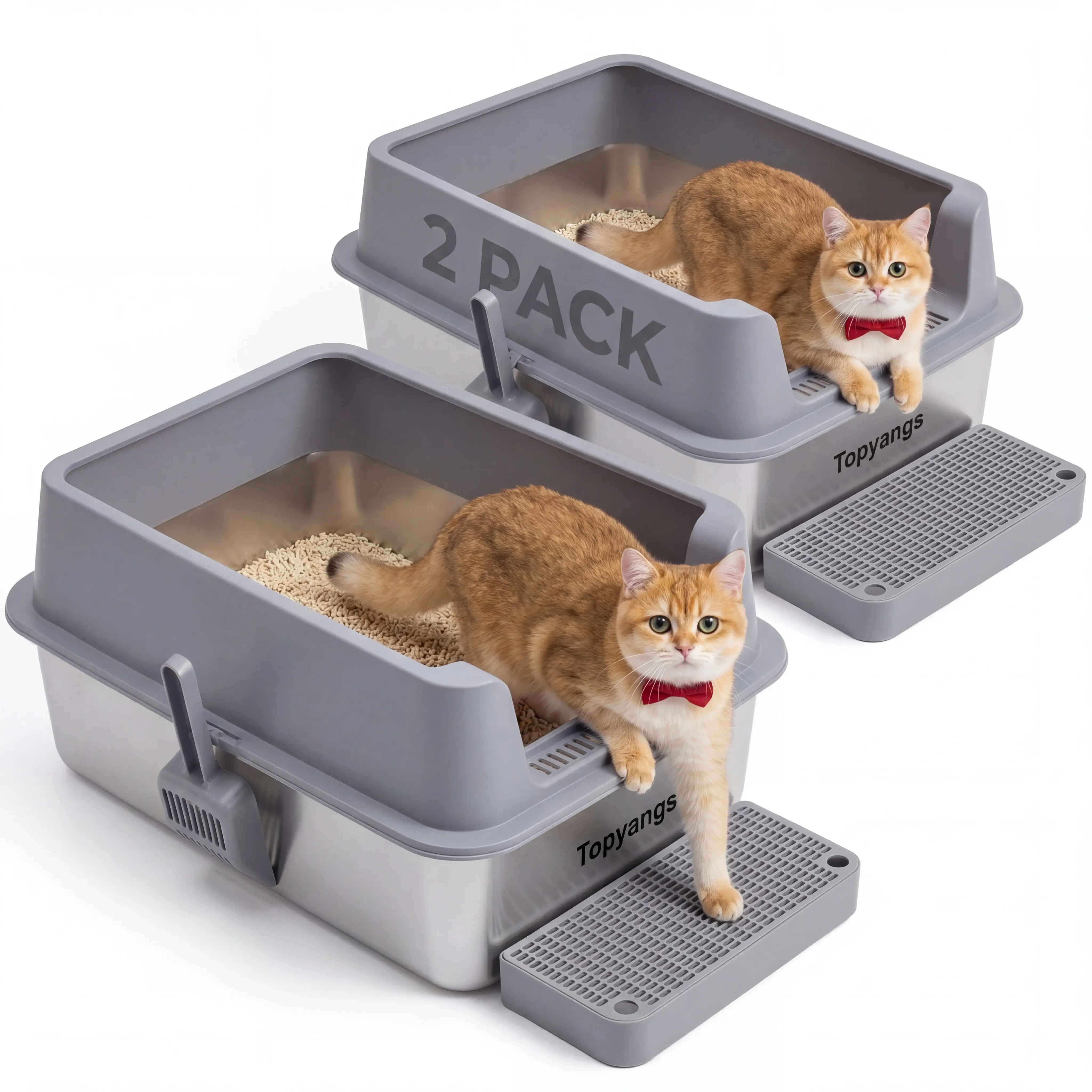 Topyangs 2-Pack Stainless Steel Cat Litter Box, Extra Large High Anti-Splash Sides, Leak-Proof Non-Stick Metal Litter Pans, Easy to Clean, Comes with 2 Litter Scoops, Ideal for Multi-Cat Families