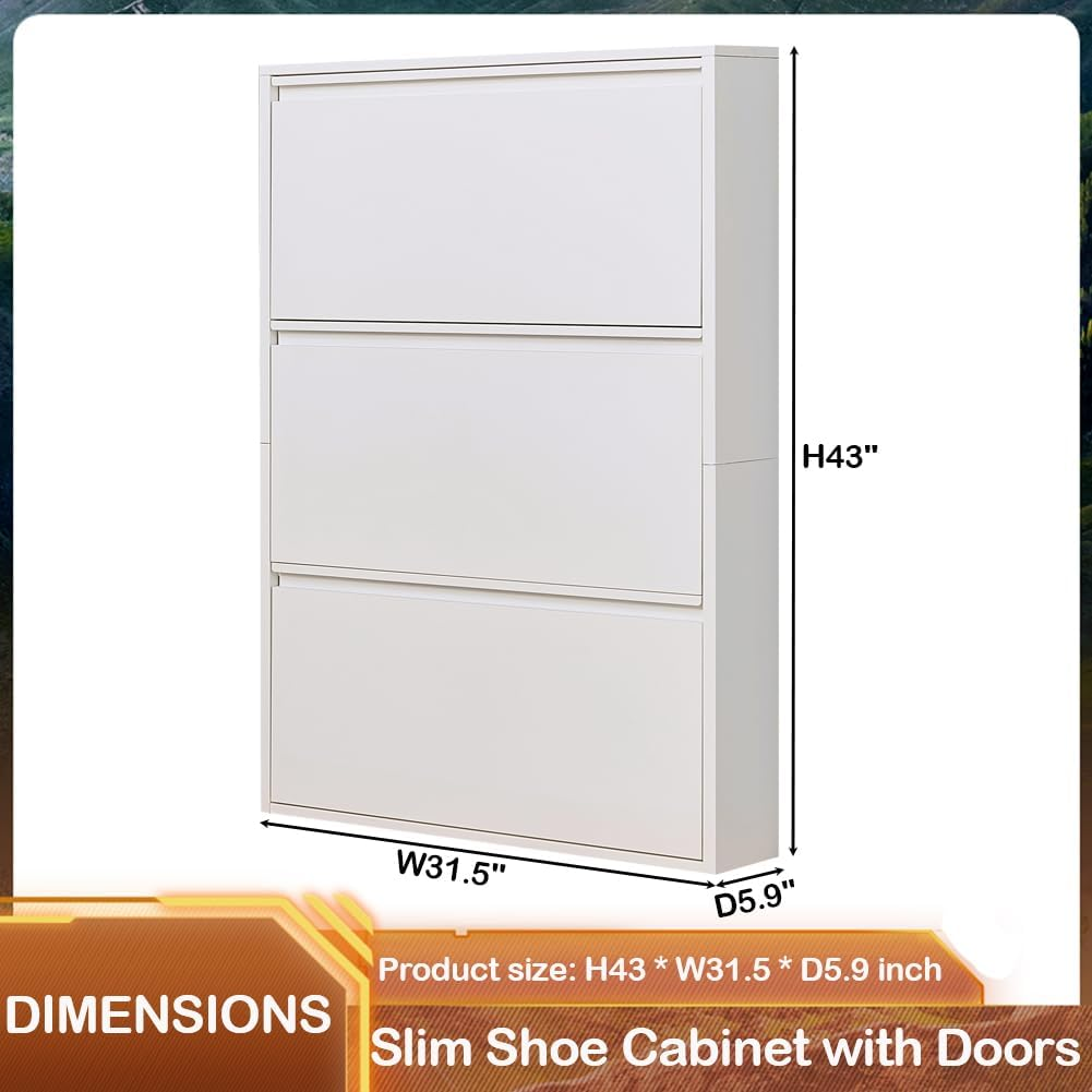 Shoe Storage Cabinet with 3 Flip Drawers, Hidden Slim Narrow Shoe Rack Cabinet, Wall Mount Metal Shoe Cabinet for Entryway, White