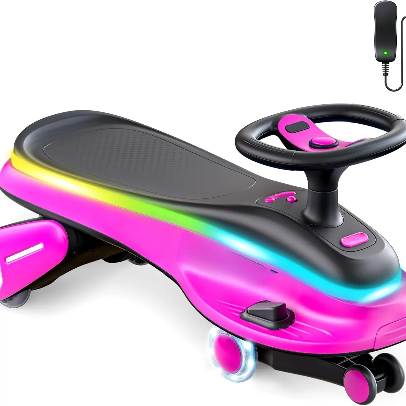 HULIABU 45W 5.5A Light-Up Electric Wiggle Car with Pedal, Rechargeable Battery, 2-in-1 Swing Car, 2 Speed Ride-On Toy, Anti-Rollover, Flashing Wheels for Ages 3+ (Up to 110 lbs)