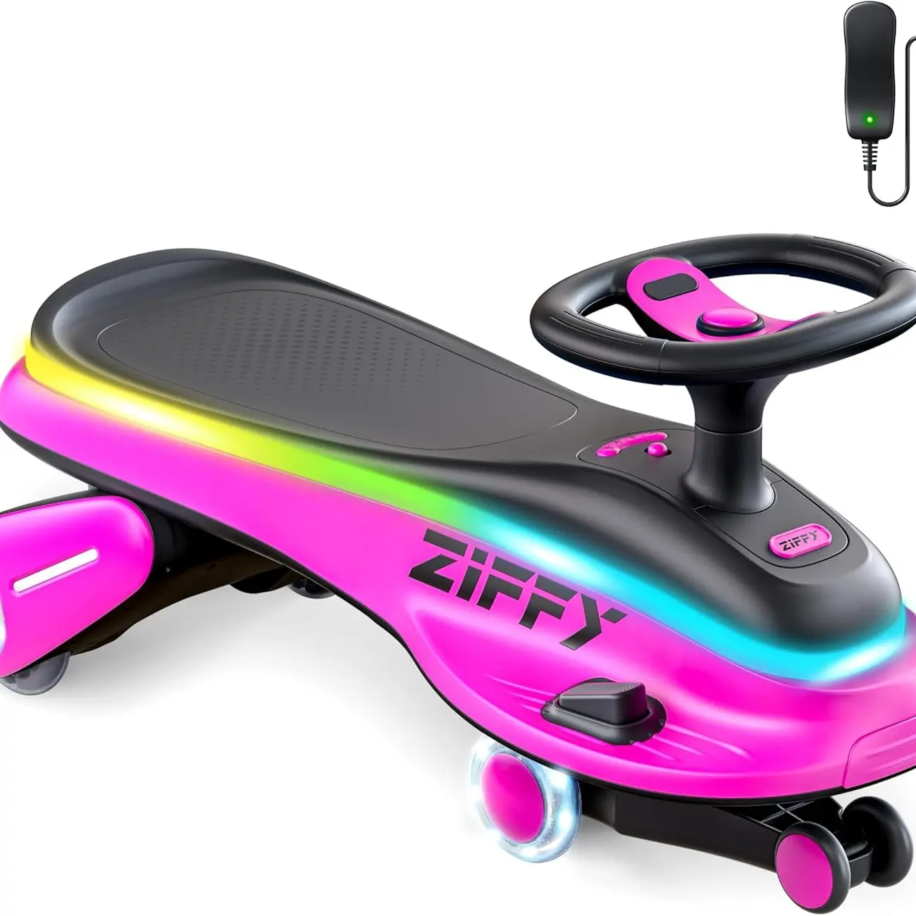 ZIFFY 45W 5.5A Light-Up Electric Wiggle Car with Pedal, Rechargeable Battery, 2-in-1 Swing Car, 2 Speed Ride-On Toy, Anti-Rollover, Flashing Wheels for Ages 3+ (Up to 110 lbs)