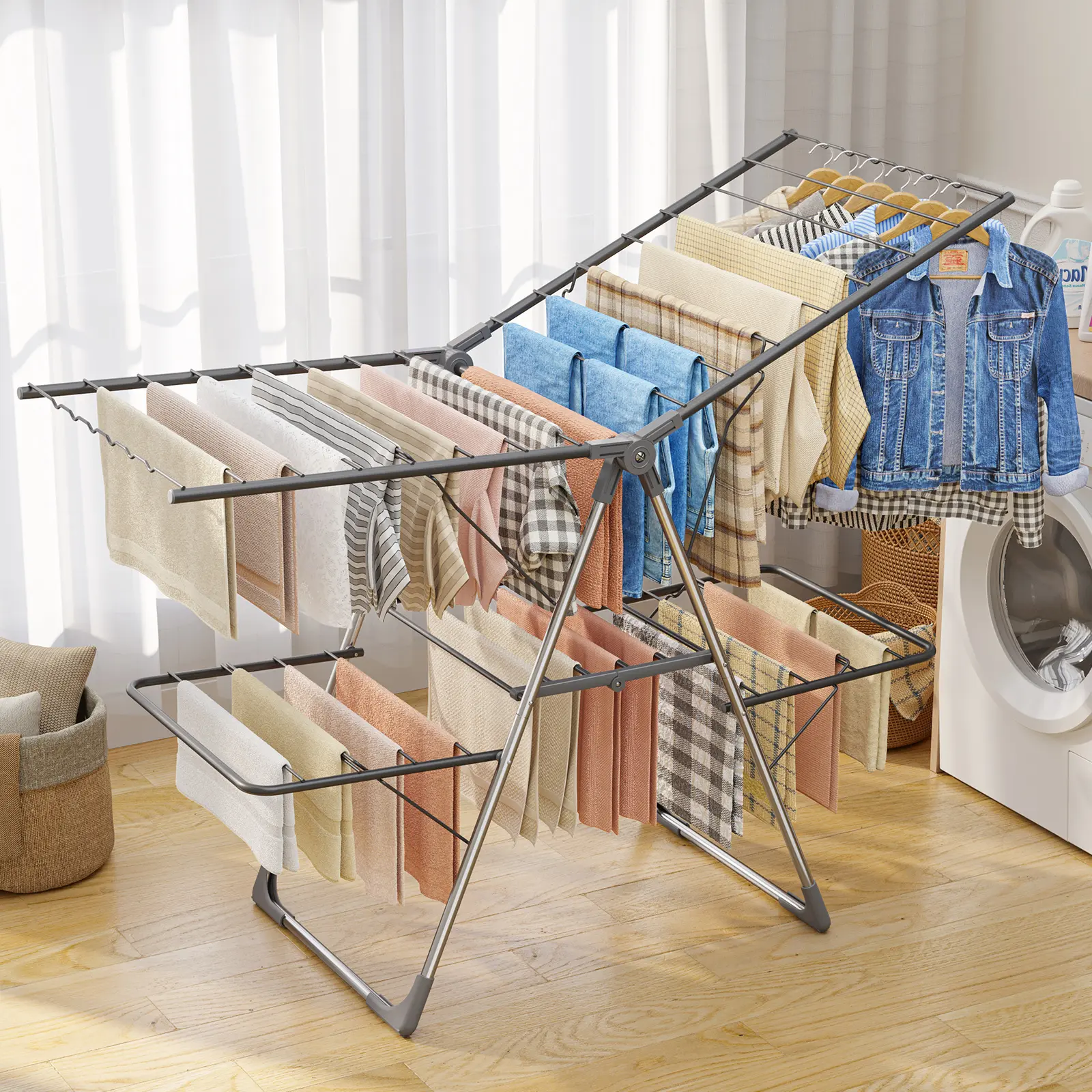 HULIABU Foldable Clothes Drying Rack, Freestanding Laundry Airer with Multiple Hanging Bars, Space-Saving Collapsible Drying Stand for Indoor & Outdoor Use