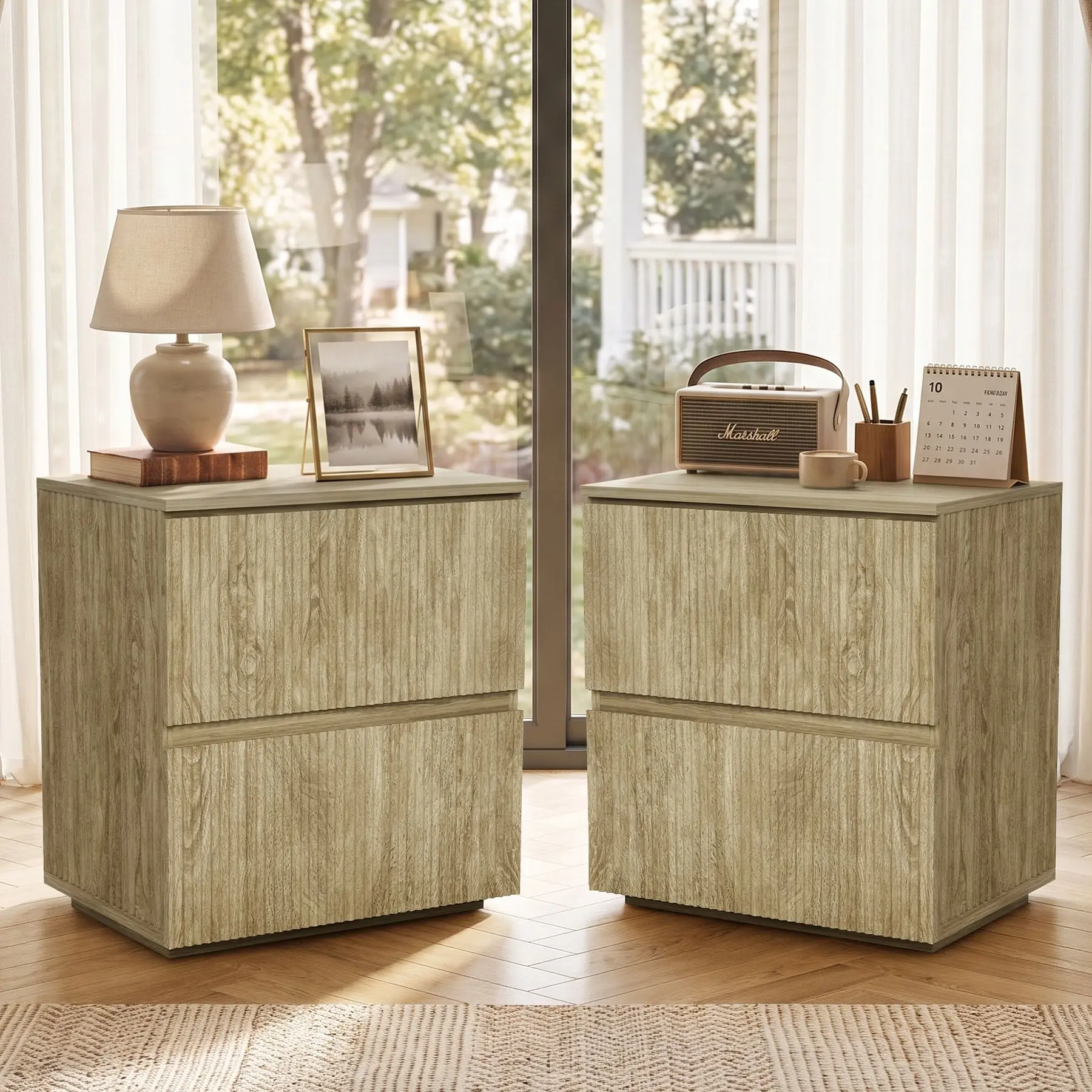 Modern Wooden 2‑Drawer Bedside Nightstand with Storage, Single or Set of 2 for Bedroom