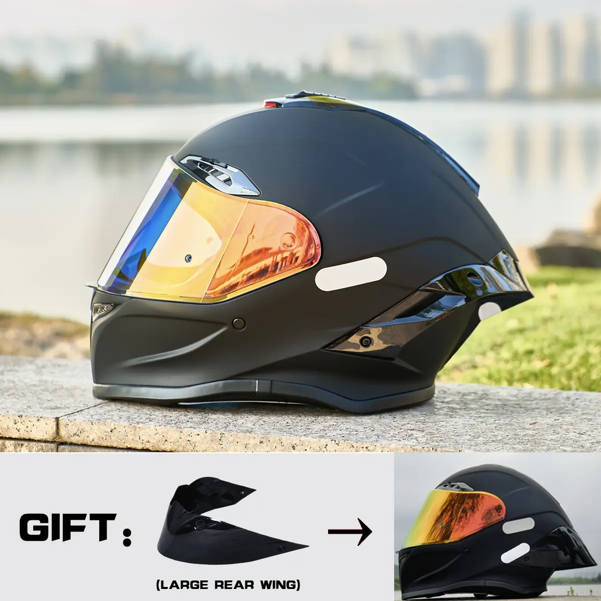 HULIABU Brand Full-Face Motorcycle Helmet, A large tail fin is given as a gift.Abs Material with Eps Liner, Multiple Ventilation, Sunshade Lenses, Unisex All-Season Commuter Helmets