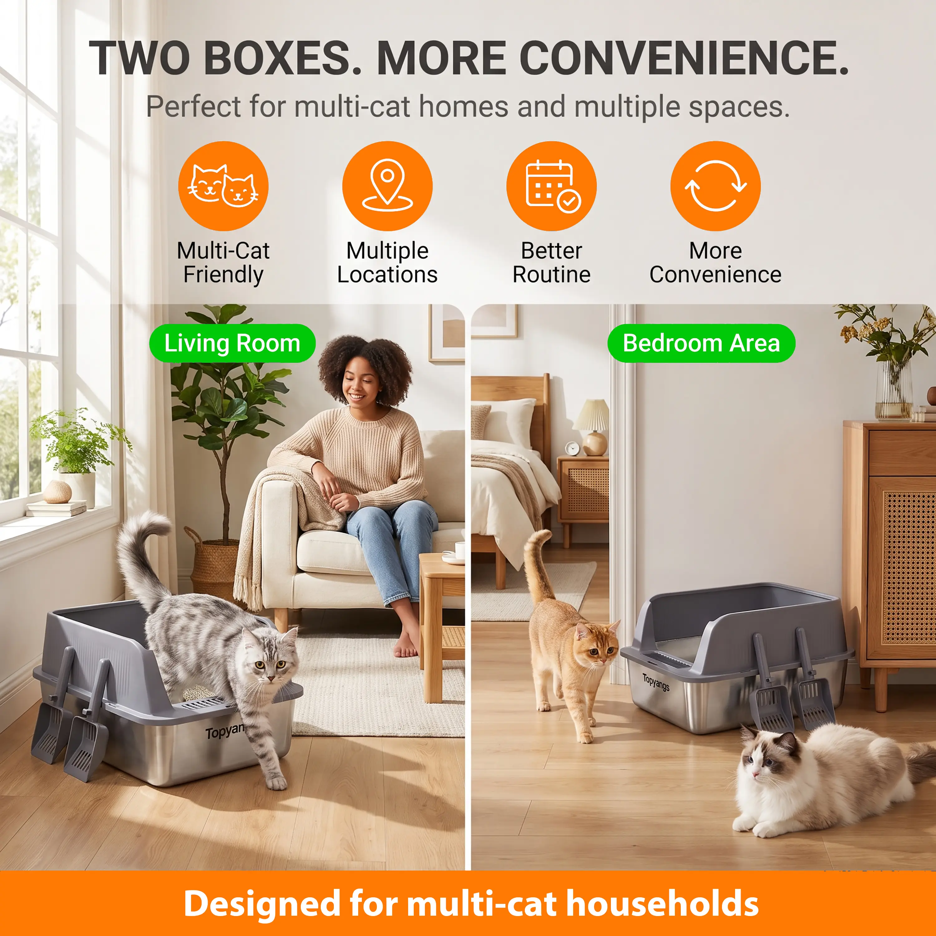 Topyangs 2-Pack Stainless Steel Cat Litter Box, Extra Large High Anti-Splash Sides, Leak-Proof Non-Stick Metal Litter Pans, Easy to Clean, Comes with 2 Litter Scoops, Ideal for Multi-Cat Families