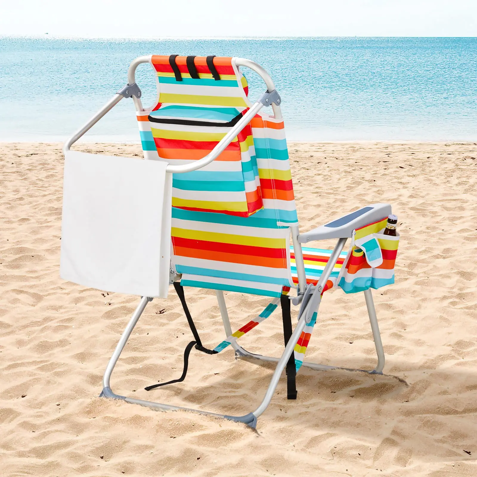 Foldable Aluminum Patio Chair with Headrest & Storage Pouch, Adjustable Lightweight Compact Chair, 100 kg Load Capacity for Camping & Beach, Colorful Stripes