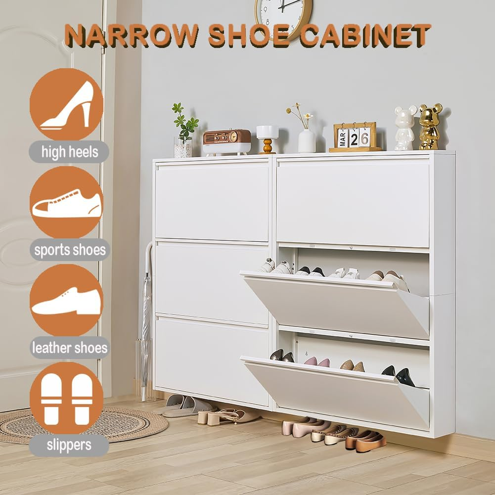 Shoe Storage Cabinet with 3 Flip Drawers, Hidden Slim Narrow Shoe Rack Cabinet, Wall Mount Metal Shoe Cabinet for Entryway, White
