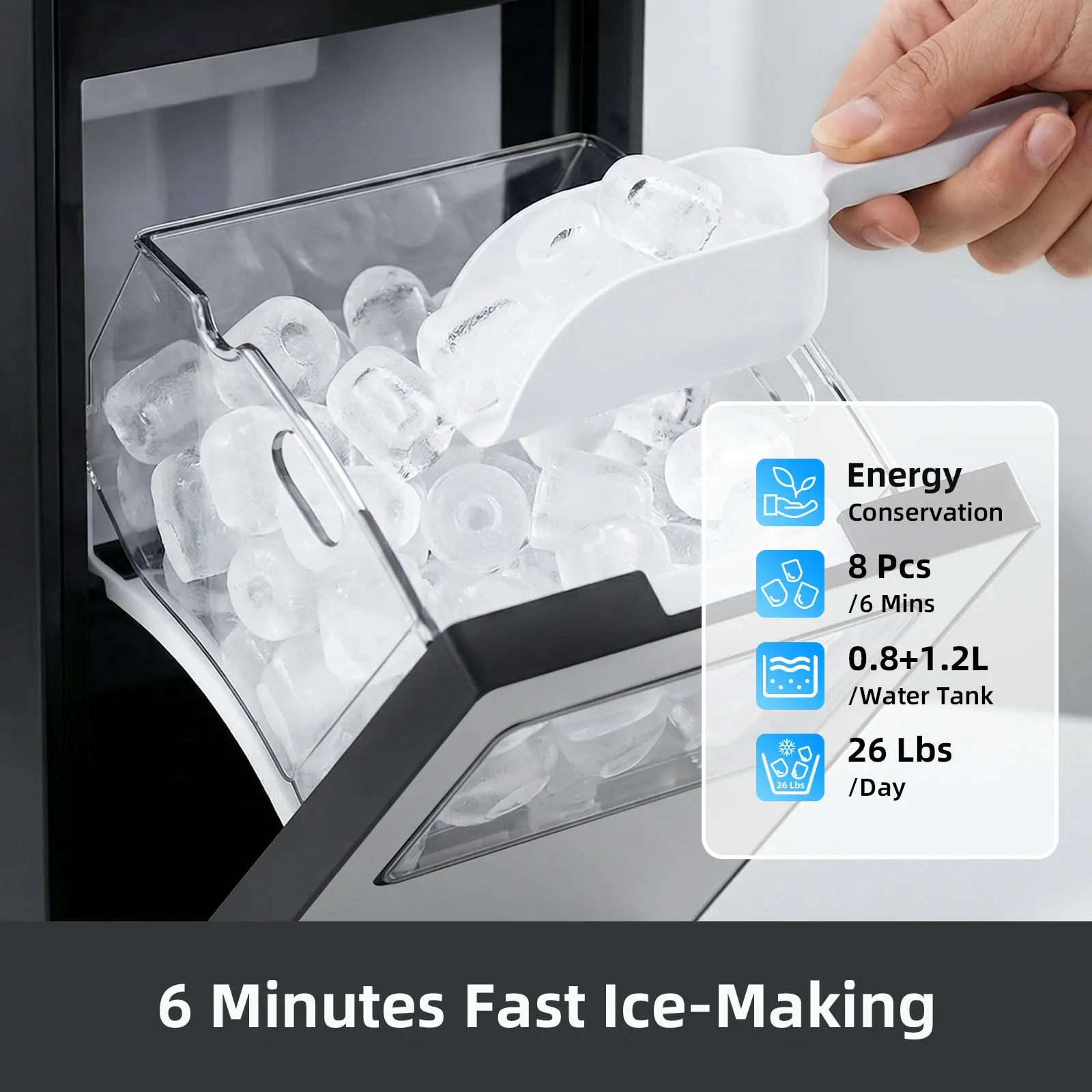 Ice Maker, Portable Ice Machine with Self-Cleaning Function, 8 Cubes in 6 Mins Fast Countertop Ice Making, Compact Ice Cube Maker for Home, Kitchen, RV, Travel, Steel