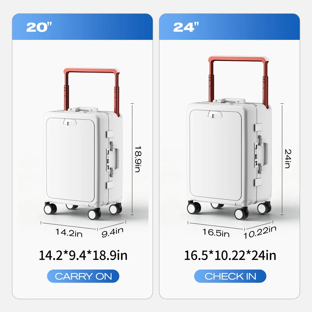 Polycarbonate Carry On Luggage with Front Opening, Waterproof Buckle Closure, Innovative Wide-Handle, 360° Spinner Wheels with Brakes & USB Port, 4 Wheels 360 Rotation, Water Resistant, Anti-Theft