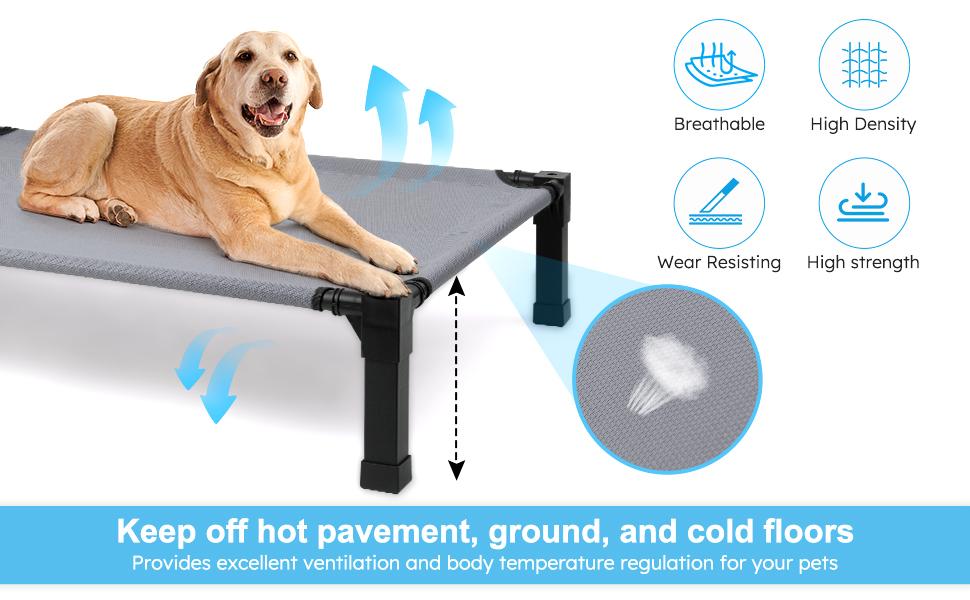 Premium Cooling Elevated Dog Bed - Portable Raised Cot with Snap, Solid Polyester Textilene Mesh, Classic Design, Easy Assembly, Airflow Boost, Temperature Control, Stain Resistant Detachable Washable Mesh & Metal Frame for Outdoor Use