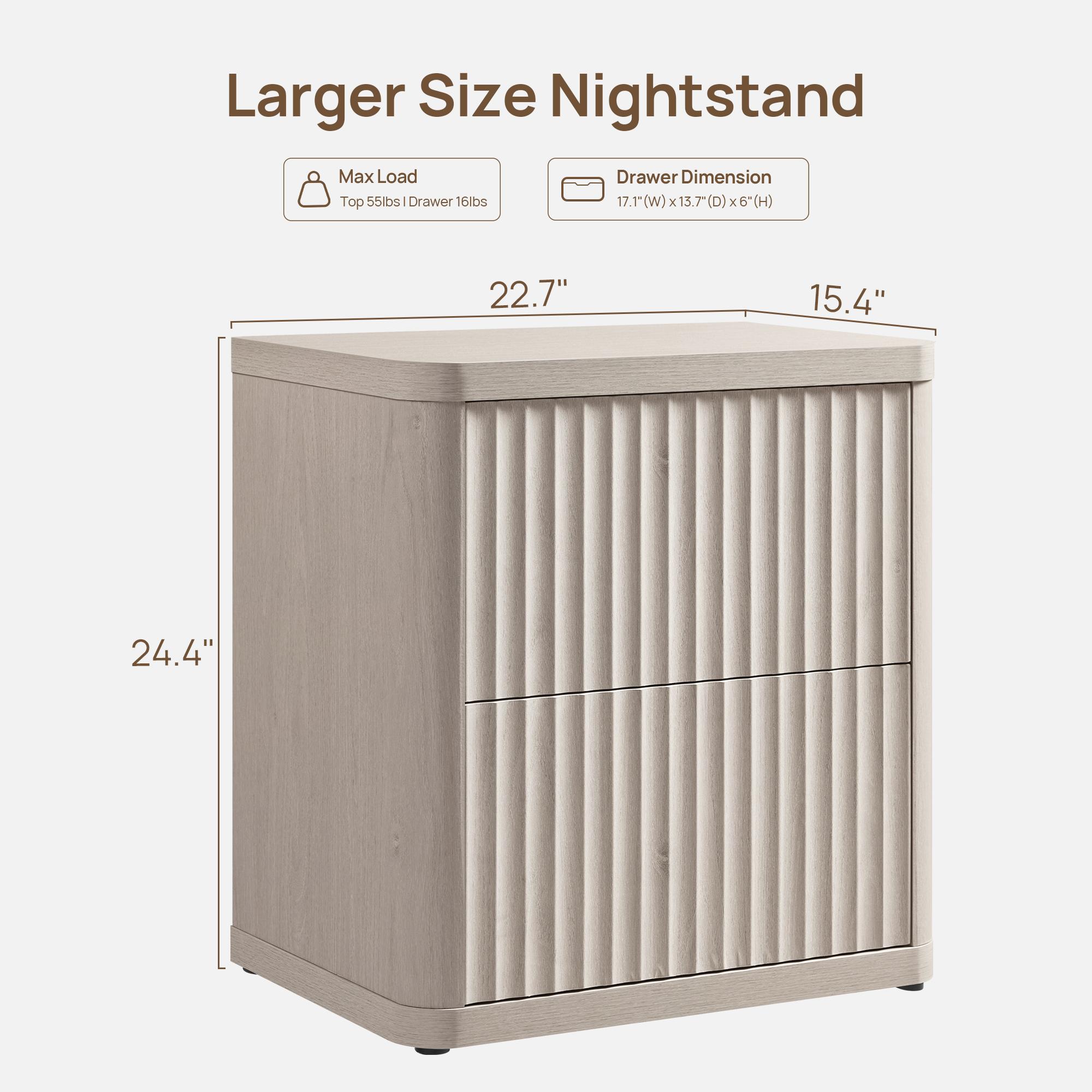 SICOTAS Set of 2 Wood Nightstands - 22.75" Wide Contemporary End Tables, Fluted Modern Bedside Table Cabinets with 2 Large Handleless Drawers, Curved Edges for Bedroom Small Spaces Furniture, Bedside Table Cabinet