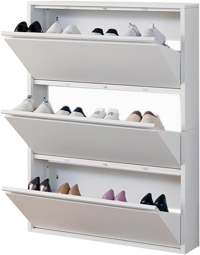 Shoe Storage Cabinet with 3 Flip Drawers, Hidden Slim Narrow Shoe Rack Cabinet, Wall Mount Metal Shoe Cabinet for Entryway, White