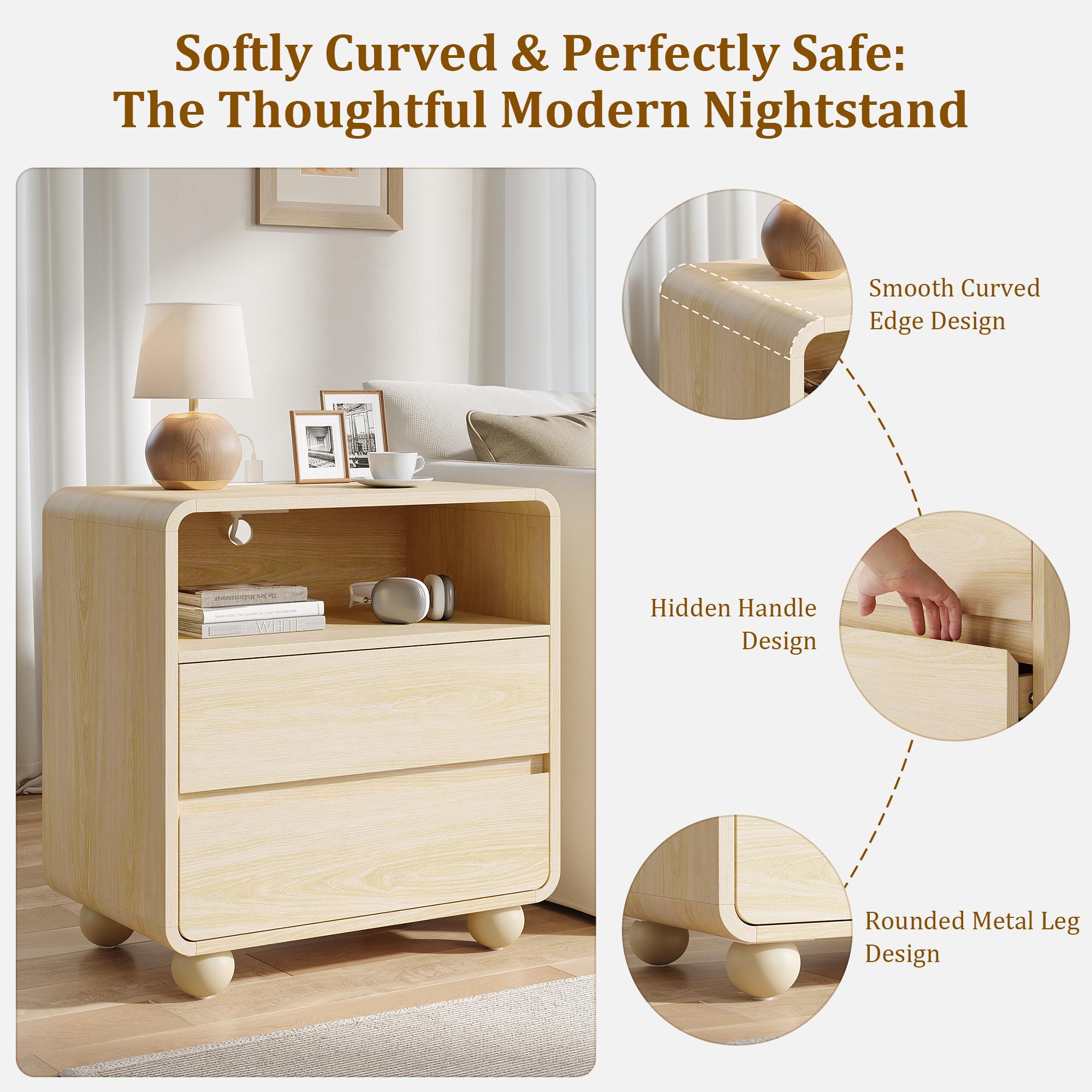 Aowos Nightstand, 23.6" Wide Large Bedside Table, Curved Wooden End Table with Charging Station, 2 Storage Drawers & Open Shelf, Bedroom Living Room, Panel End Tables for Bedroom & Living Room, Bedside Cabinet with USB Ports, Natural, Black, White
