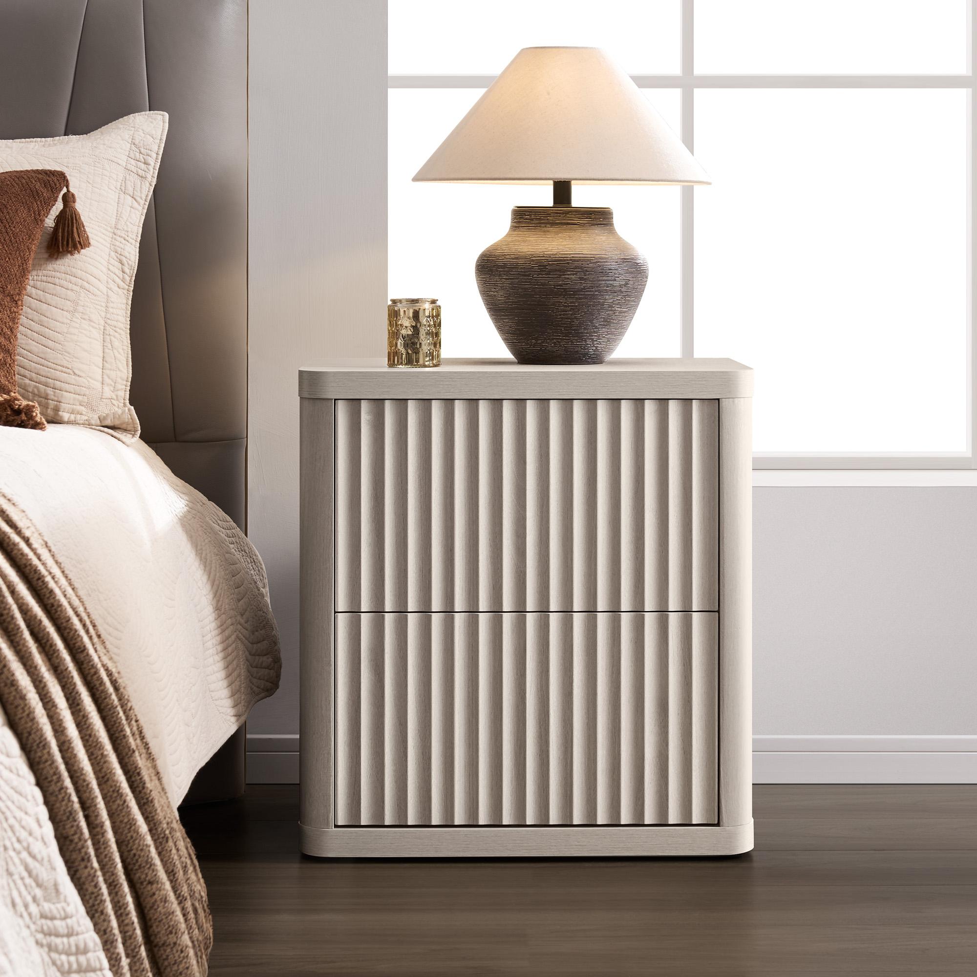 SICOTAS Set of 2 Wood Nightstands - 22.75" Wide Contemporary End Tables, Fluted Modern Bedside Table Cabinets with 2 Large Handleless Drawers, Curved Edges for Bedroom Small Spaces Furniture, Bedside Table Cabinet
