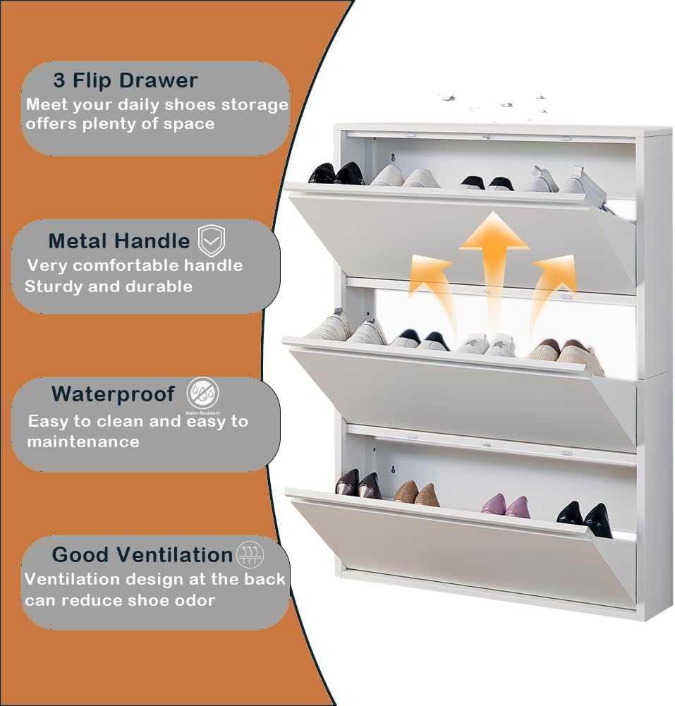 Shoe Storage Cabinet with 3 Flip Drawers, Hidden Slim Narrow Shoe Rack Cabinet, Wall Mount Metal Shoe Cabinet for Entryway, White