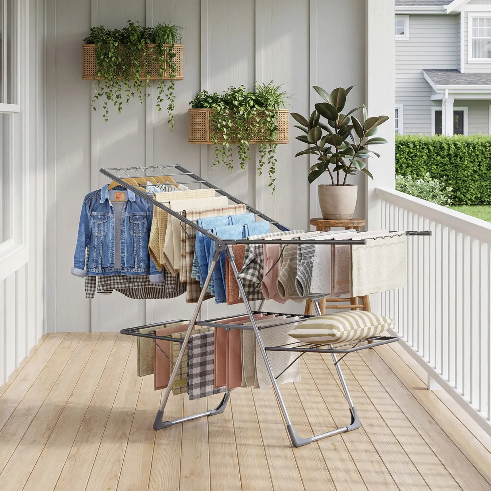 HULIABU Foldable Clothes Drying Rack, Freestanding Laundry Airer with Multiple Hanging Bars, Space-Saving Collapsible Drying Stand for Indoor & Outdoor Use