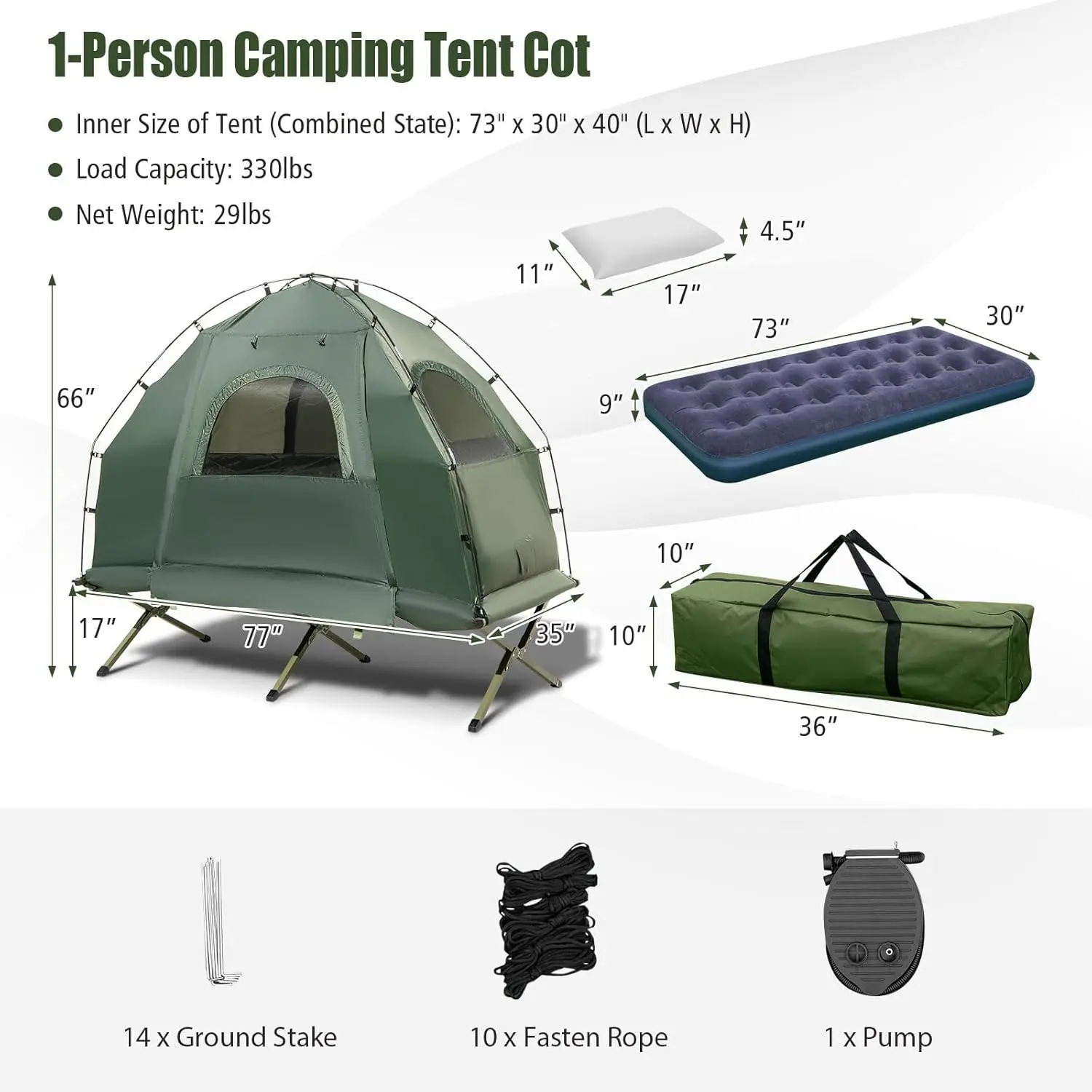 5-in-1 Tent Cot, Camping Tent Combo with Awning, Air Mattress, Sleeping Bag, Air Pillow, Camping Cot, with Carrying Bag for Outdoor Hiking