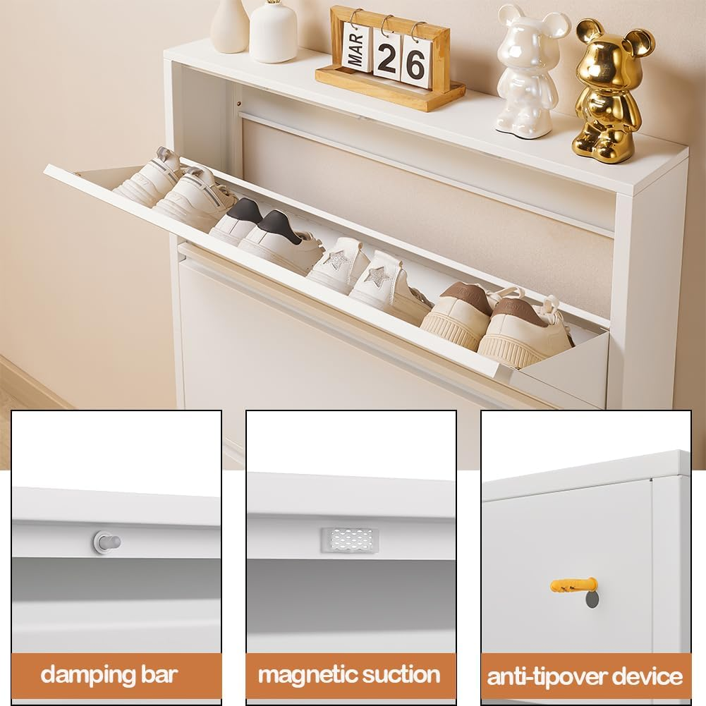Shoe Storage Cabinet with 3 Flip Drawers, Hidden Slim Narrow Shoe Rack Cabinet, Wall Mount Metal Shoe Cabinet for Entryway, White