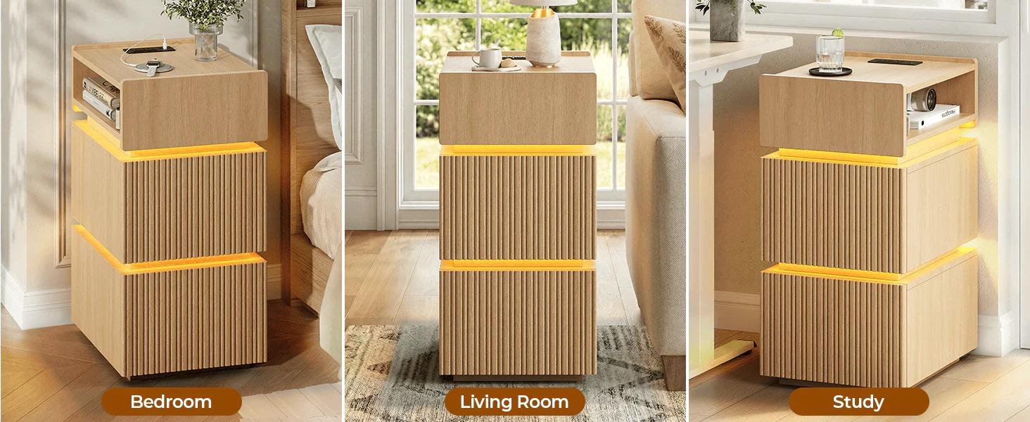 Sikaic Smart Skinny Fluted Engineered Wood Nightstand Bedside Table - 2 Drawers, 2 AC Outlets, 3-Color LED Strips, Charging Station, Raised Shelves, Groove Texture, Open Storage, Lipped Tabletop, Compact Modern Bedroom Furniture for Small Rooms