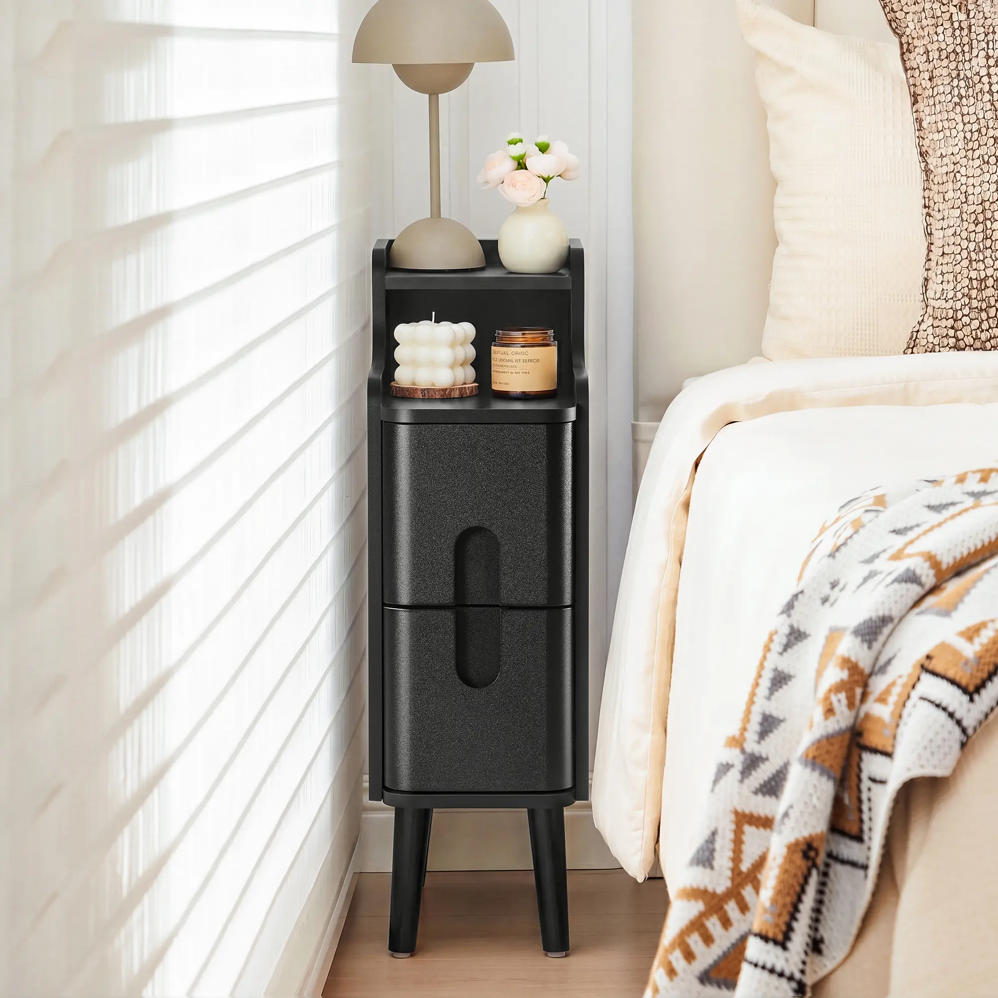Narrow Vintage Wooden Nightstand, Compact 2‑Drawer End Table for Small‑Space Bedroom & Living Room