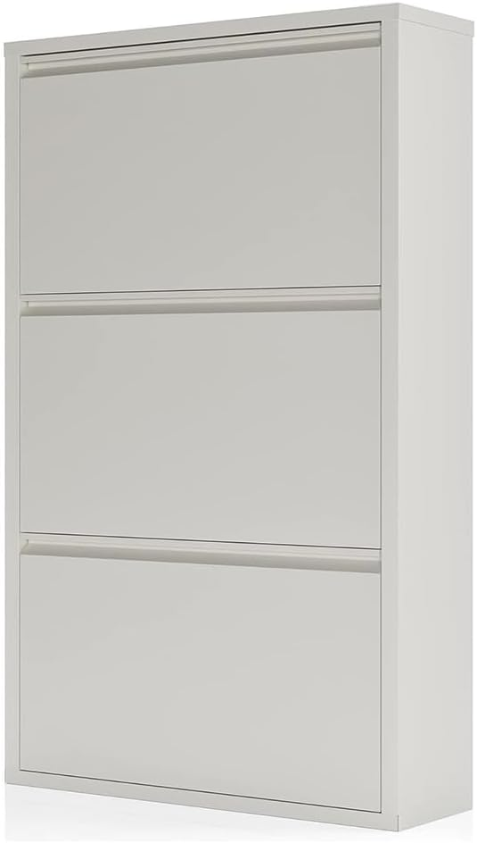 Shoe Storage Cabinet with 3 Flip Drawers, Hidden Slim Narrow Shoe Rack Cabinet, Wall Mount Metal Shoe Cabinet for Entryway, White