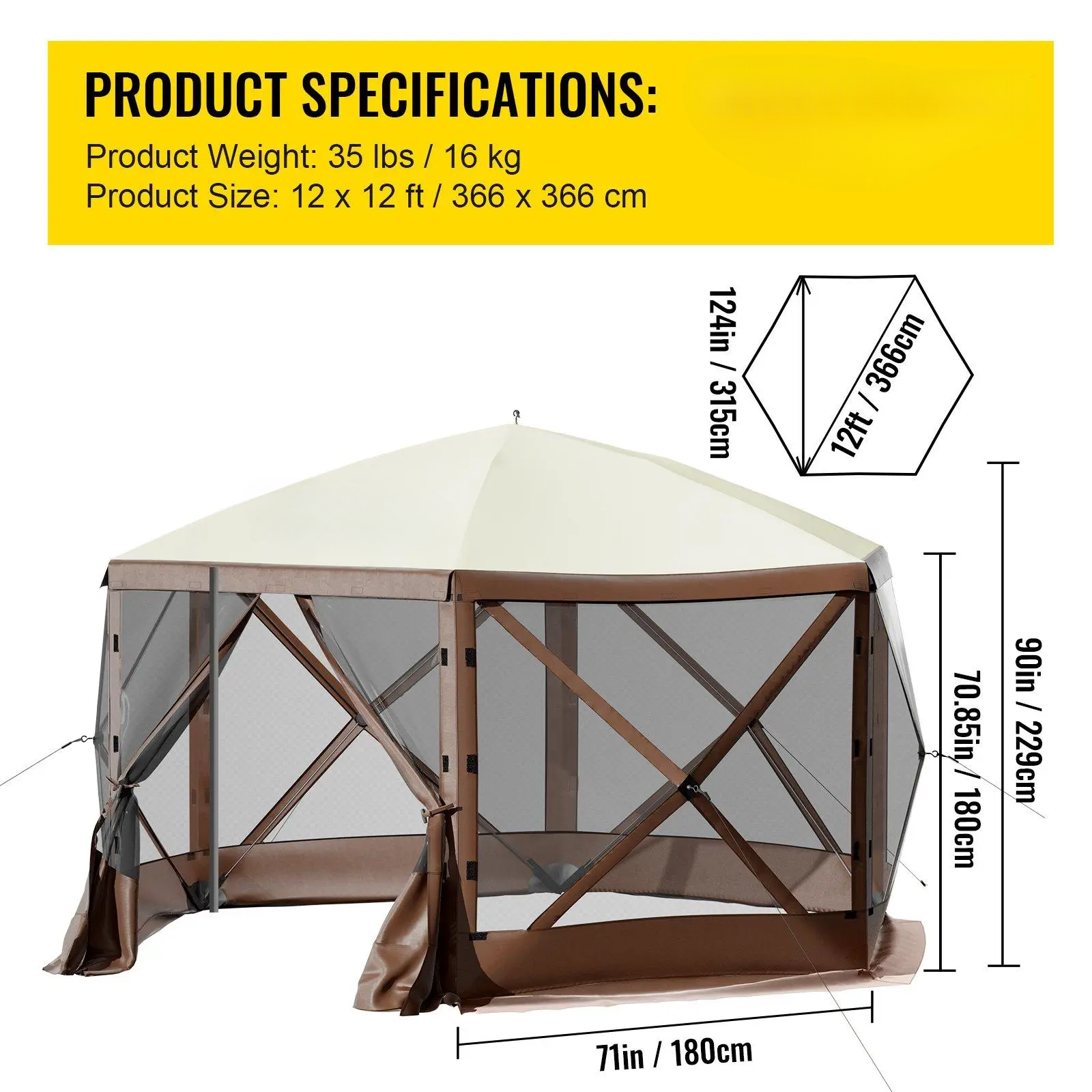 【SummerFinds】Camping Gazebo Screen Tent, 12*12ft, 6 Sided Pop-up Canopy Shelter Tent with Mesh Windows, Portable Carry Bag, Stakes, Large Shade Tents for Outdoor Camping, Lawn and Backyard, Brown/Beige