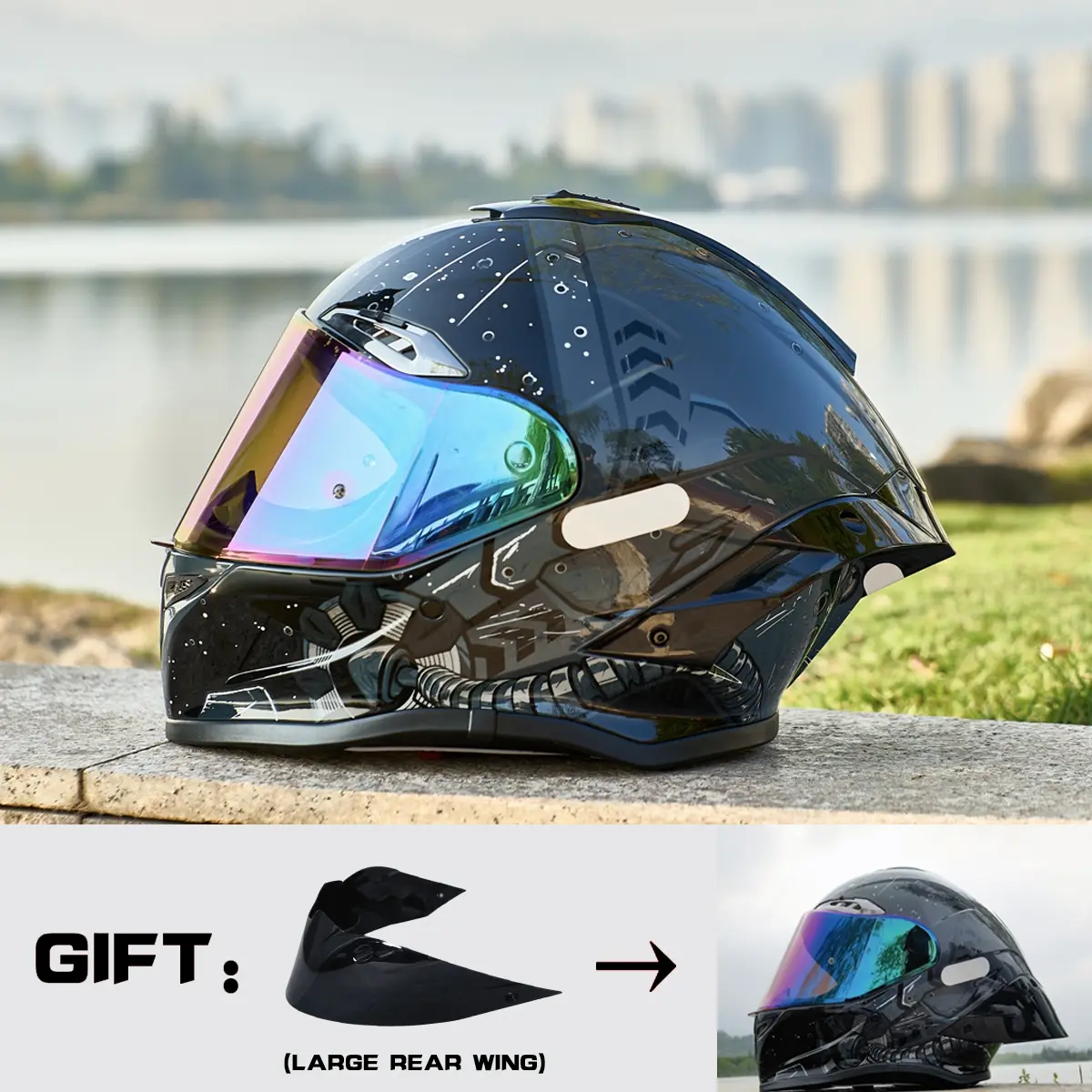 HULIABU Brand Full-Face Motorcycle Helmet, A large tail fin is given as a gift.Abs Material with Eps Liner, Multiple Ventilation, Sunshade Lenses, Unisex All-Season Commuter Helmets