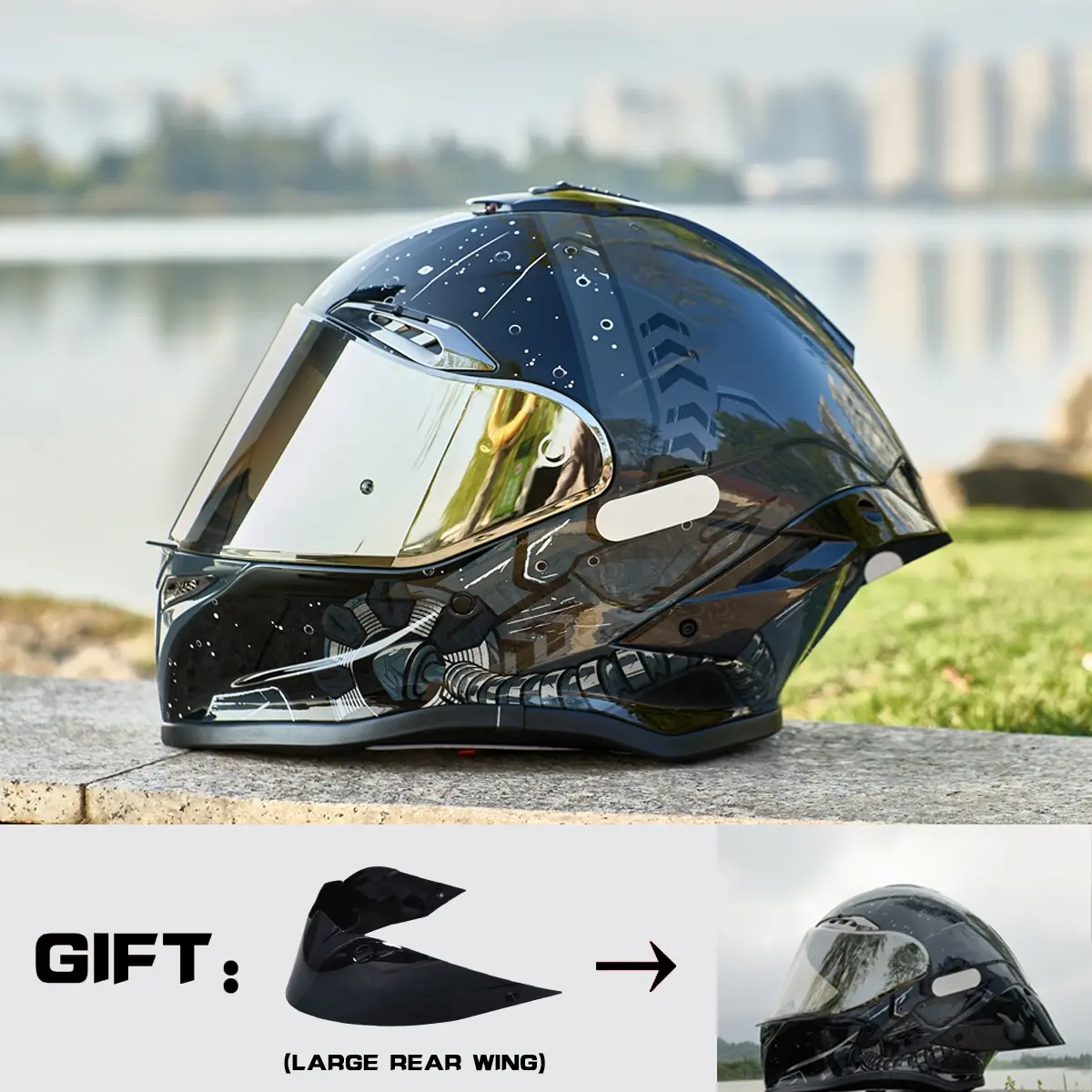 HULIABU Brand Full-Face Motorcycle Helmet, A large tail fin is given as a gift.Abs Material with Eps Liner, Multiple Ventilation, Sunshade Lenses, Unisex All-Season Commuter Helmets