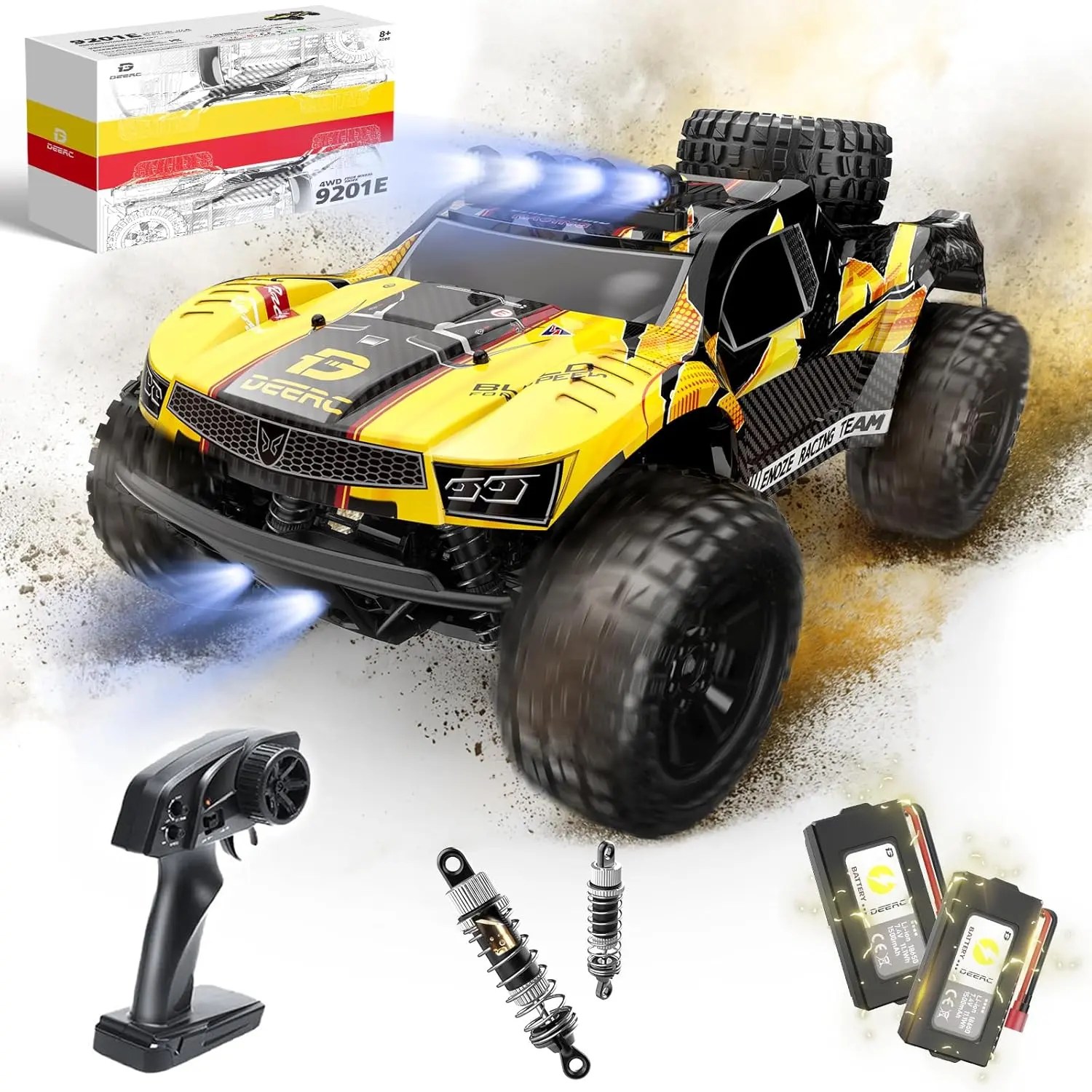DEERC 9201E 1:10 Large Offroad Remote Control Race Car for Boys, 48 km/h Fast Short Course 4x4 PVC-Free Electric Vehicle with Lights, 2 Lithium-Ion Rechargeable Batteries, Miniature RC Cars