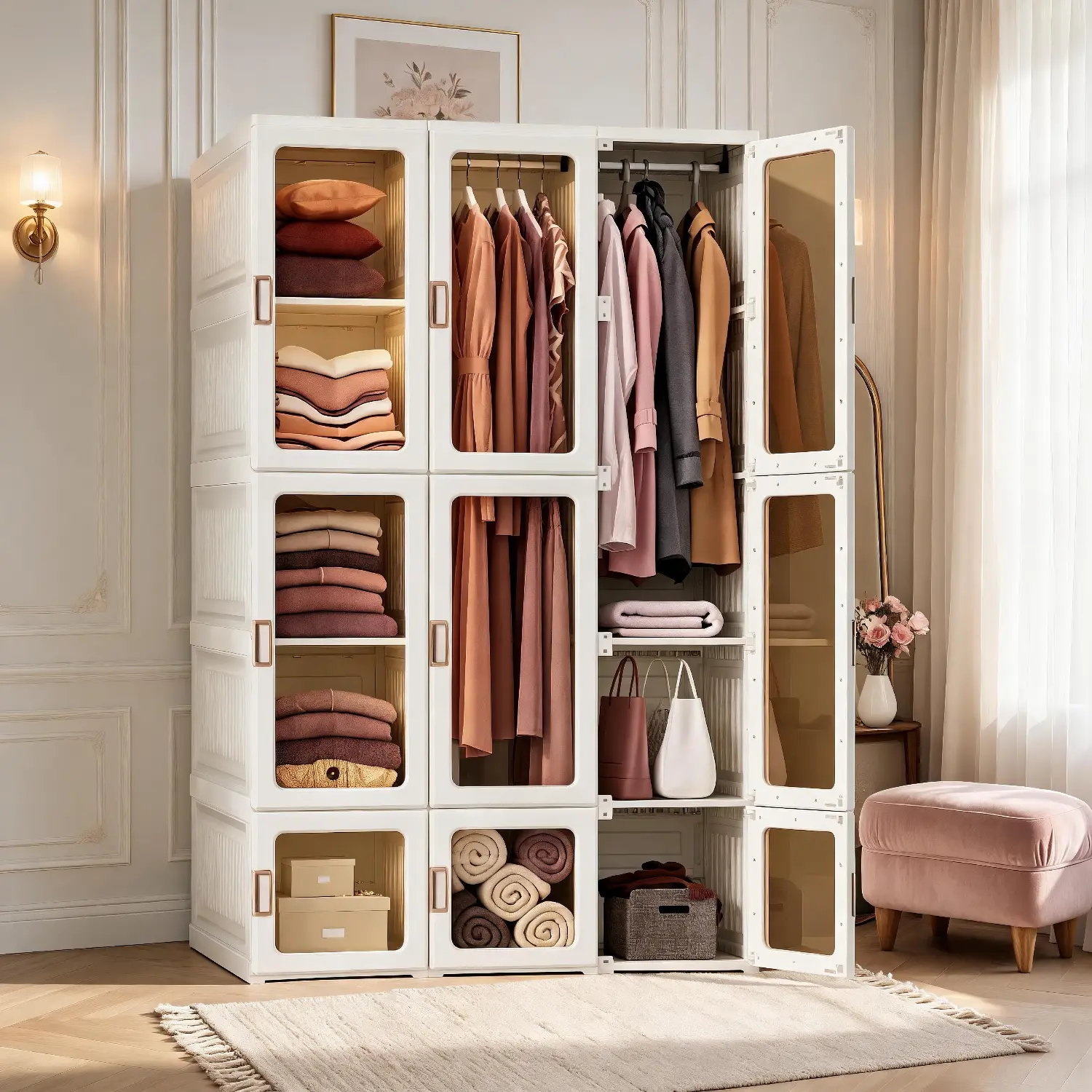 Portable Transparent Wardrobe Closet Storage Organizer for Clothes Folding Plastic Wardrobe with Magnetic Door and Easy Assembly roperos para guardar ropa armario de ropa closet bedroom armoires 2 Hanging Rod Multifunctional Space Saving Organizer
