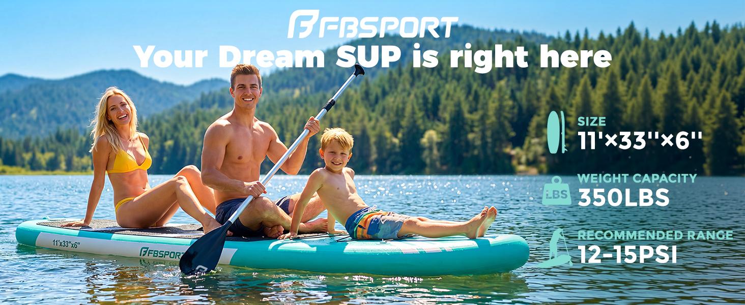 FBSPORT 11' Premium Stand Up Paddle Board, Yoga Board with SUP Accessories & Carry Bag | Wide Stance, Surf Control, Non-Slip Deck, Leash, Paddle and Pump for Youth & Adult