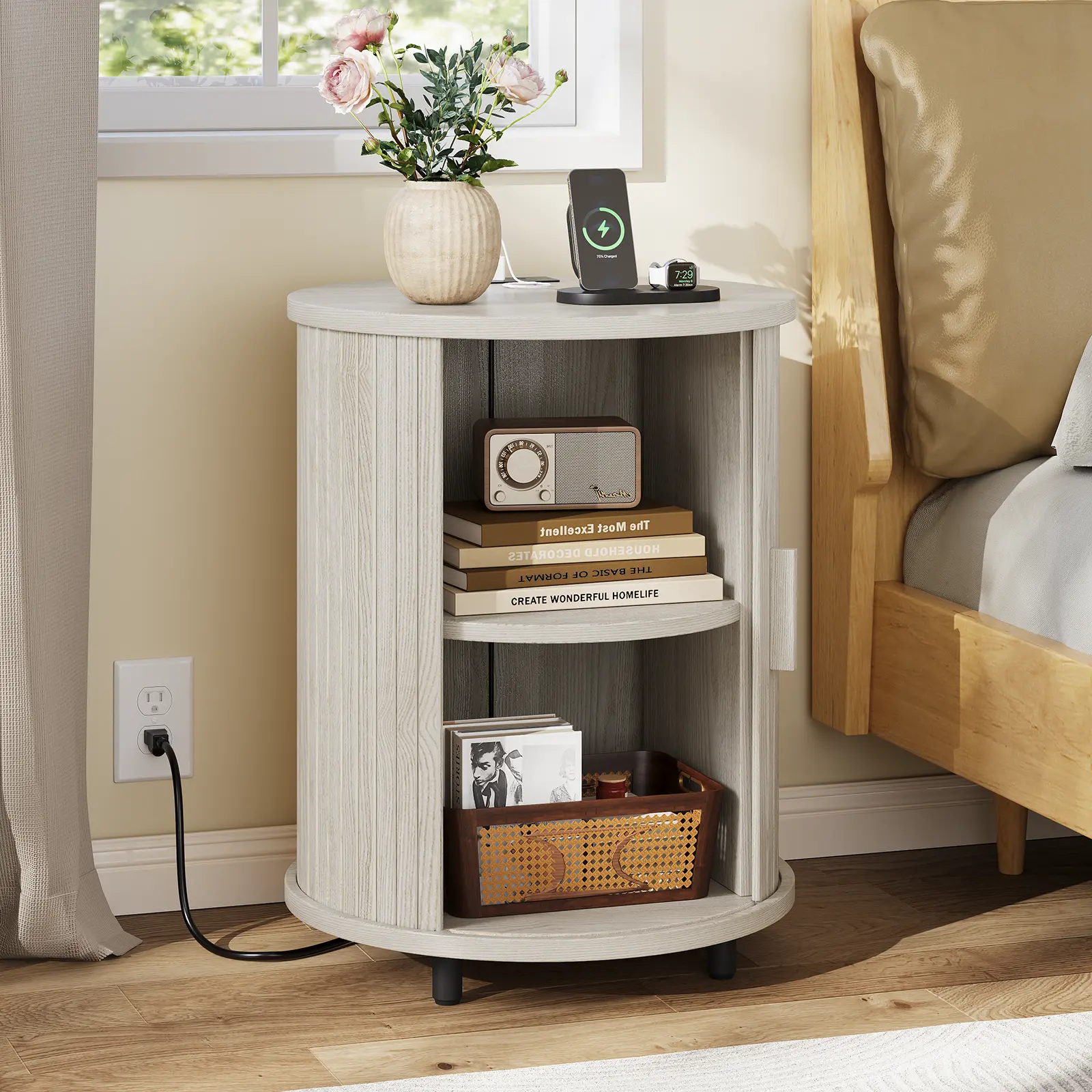 Mid‑Century Round Nightstand Set of 2, End Table with Charging Station, Sliding Door & 2‑Tier Storage for Home Use