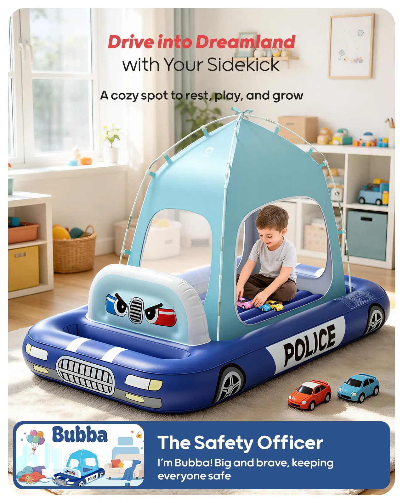 HULIABU Inflatable Kids Travel Bed, Toddler Airbed with Sides, Hand Pump Included, Portable Racing Car Design, Safe Materials for Camping, Traveling Hotel Home Use Self Inflating Bed Quick Inflate tiktokshopbacktoschool