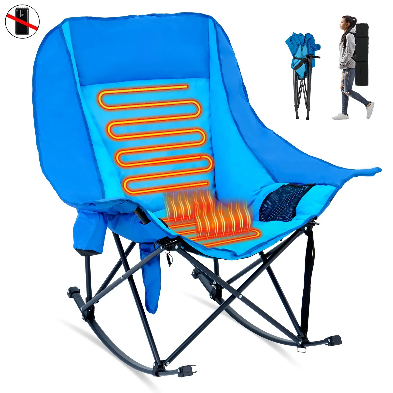 Oversized Folding Rocking Camping Chair, Fully Padded Outdoor Lounge Chair with Built‑in Cooler & Side Pocket, Heavy‑Duty Supports up to 400 lbs for Camping & Patio Use