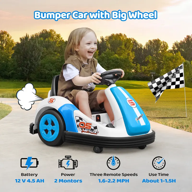 12V Kids Bumper Car with Big Wheel, 2.2 Mph Max,Ride on toys for Toddlers with Remote, Baby Bumping Toy Car with DIY Stickers,360 Degree-Spin, Music, Bluetooth,LED Lights