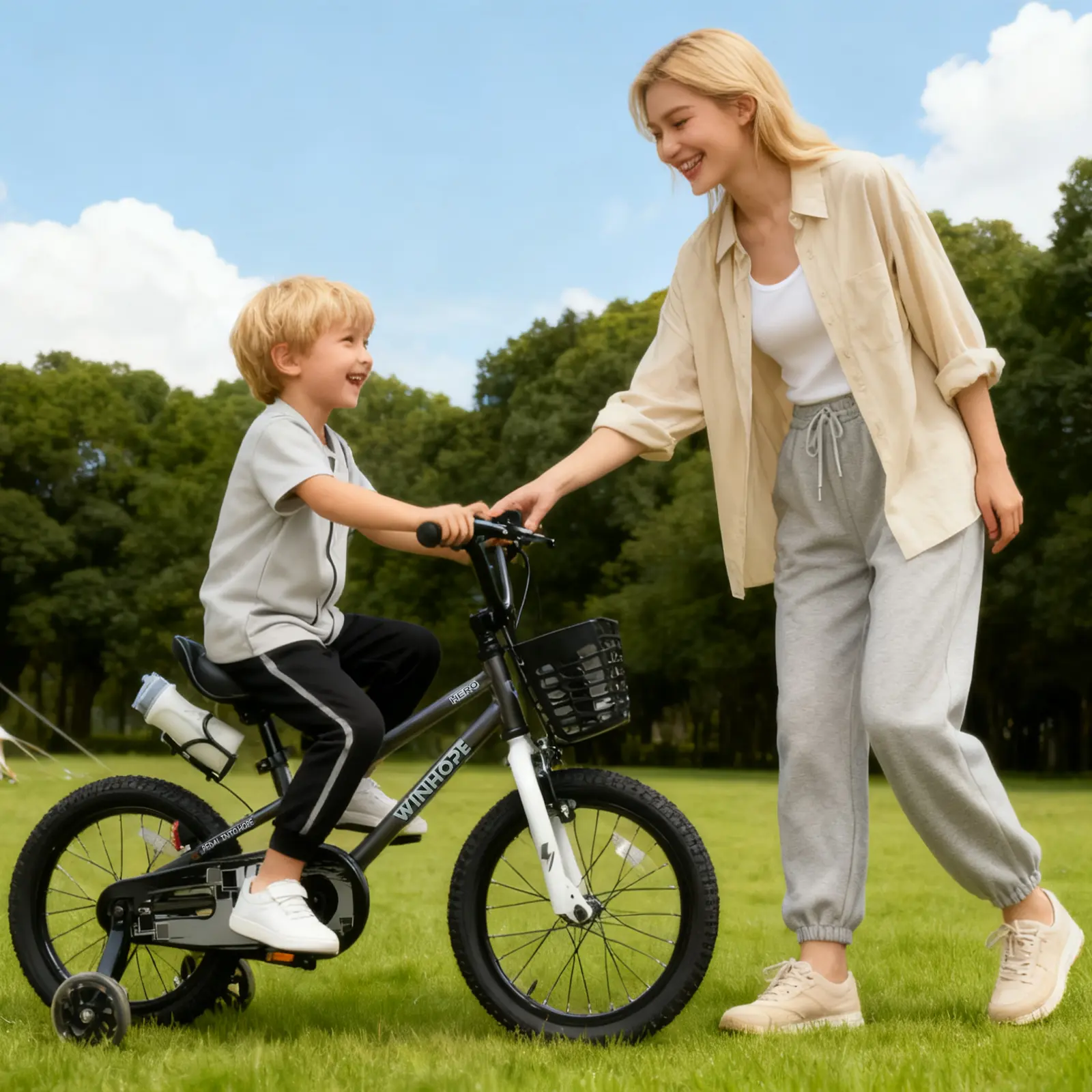 WINHOPE Hero Kids Bike for Ages 2–9 | 12–18 Inch with LED Training Wheels, Front Basket & Water Bottle Holder | 95% Pre-Assembled, Dual Brakes, Adjustable Seat & Handlebars