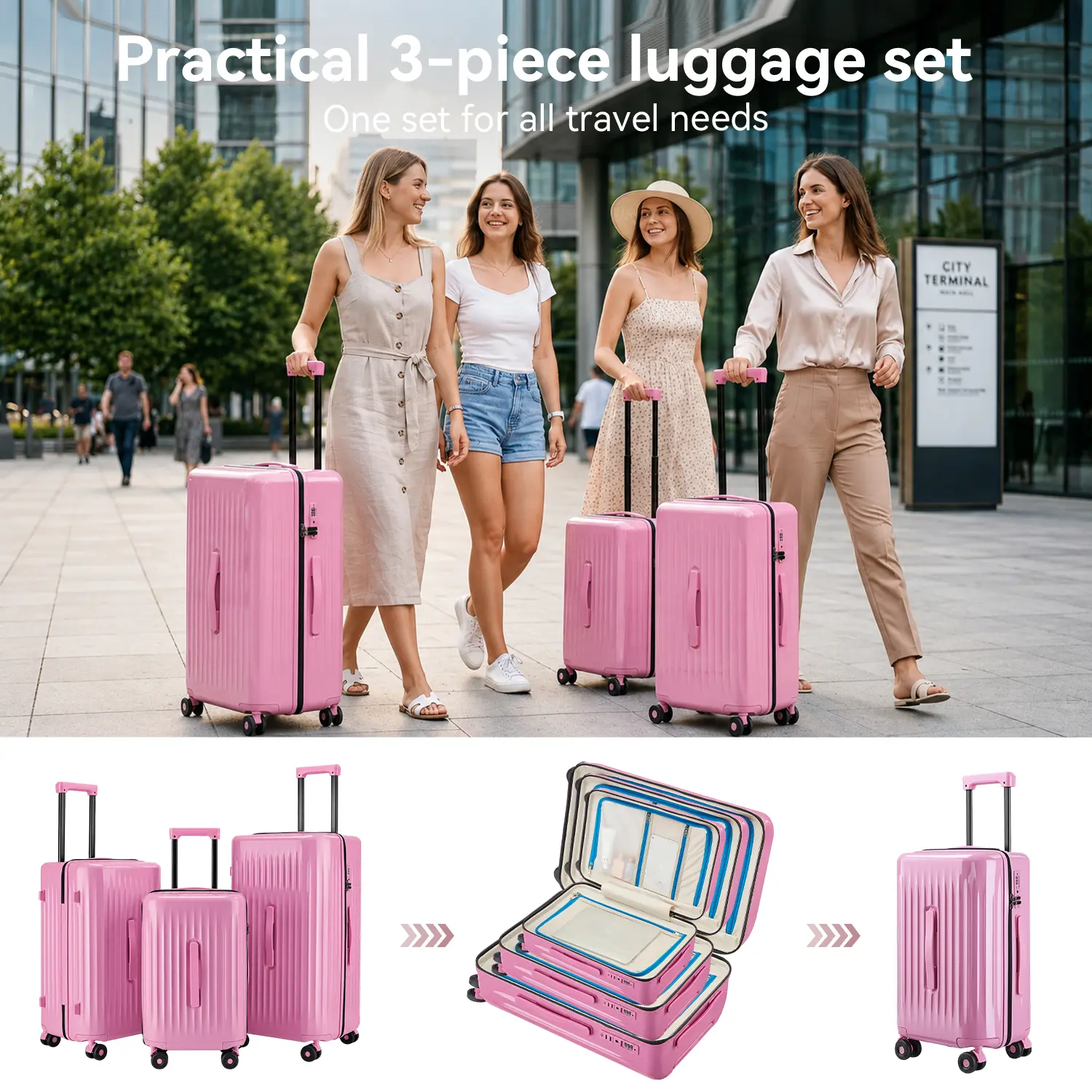 Modern Luggage Set - 3-Piece Hardside Shell Wheeled Travel Gear, 20/24/28-Inch Multi-Purpose Checked Bags with TSA Lock, 360° Smooth Rollers, Phone Stand, Side Hook