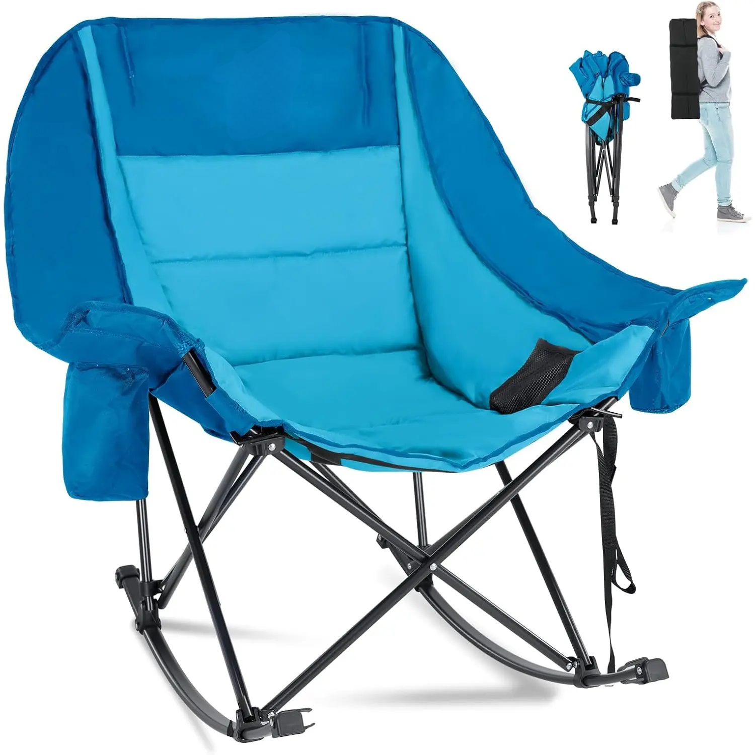 Oversized Folding Rocking Camping Chair, Fully Padded Outdoor Lounge Chair with Built‑in Cooler & Side Pocket, Heavy‑Duty Supports up to 400 lbs for Camping & Patio Use