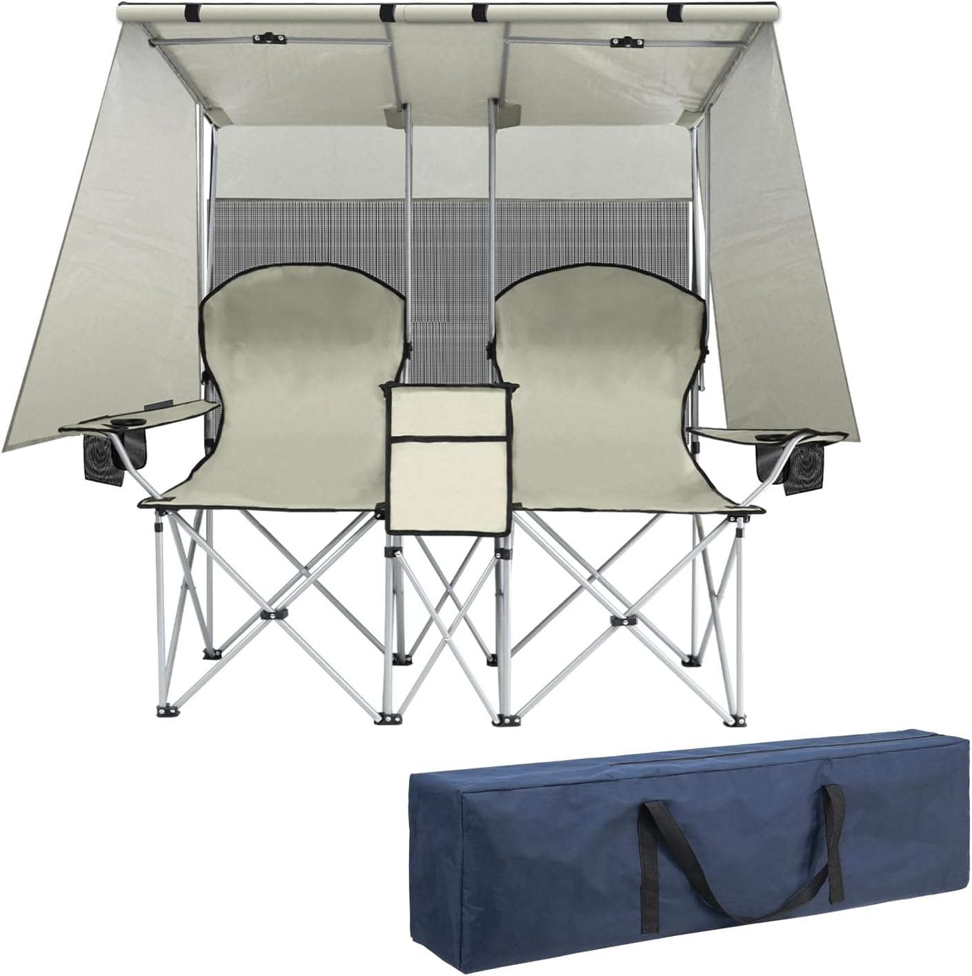 Folding Double Camping Chair with Canopy Shade for Beach Lawn (White)