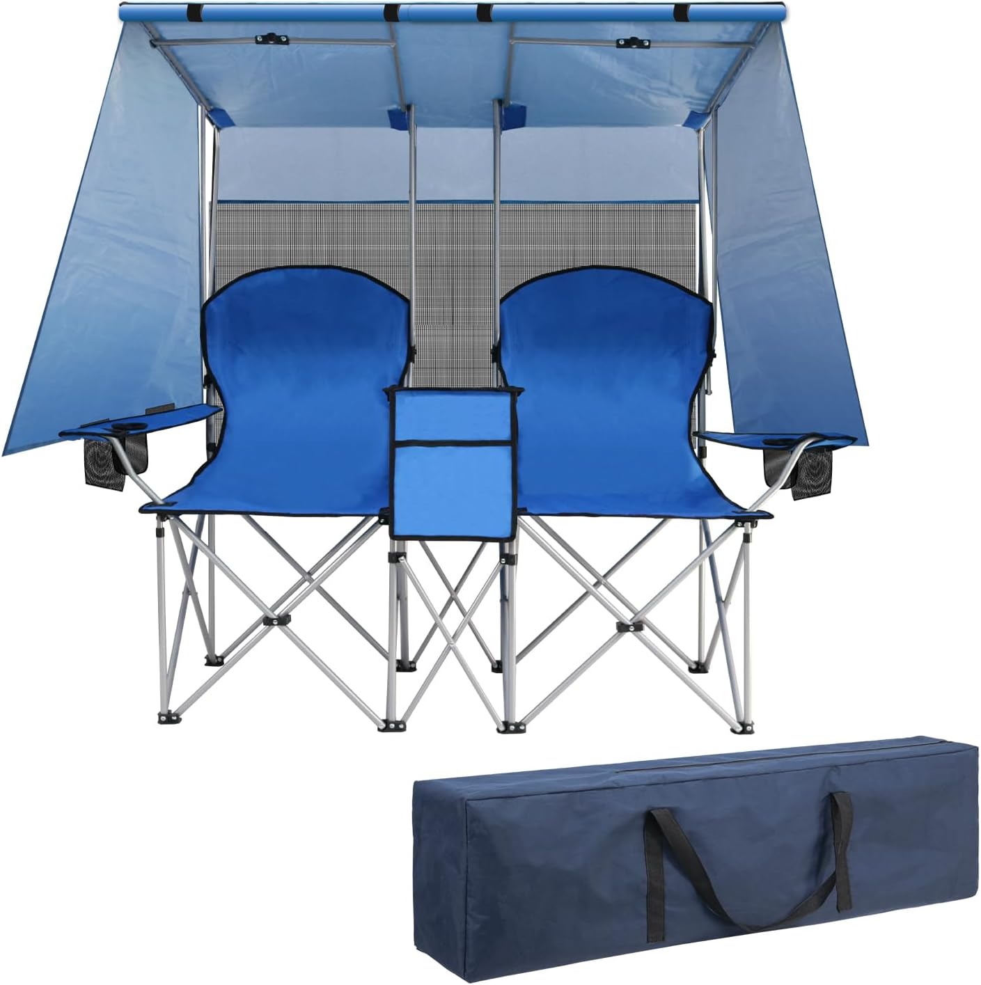 Folding Double Camping Chair with Canopy Shade for Beach Lawn (White)