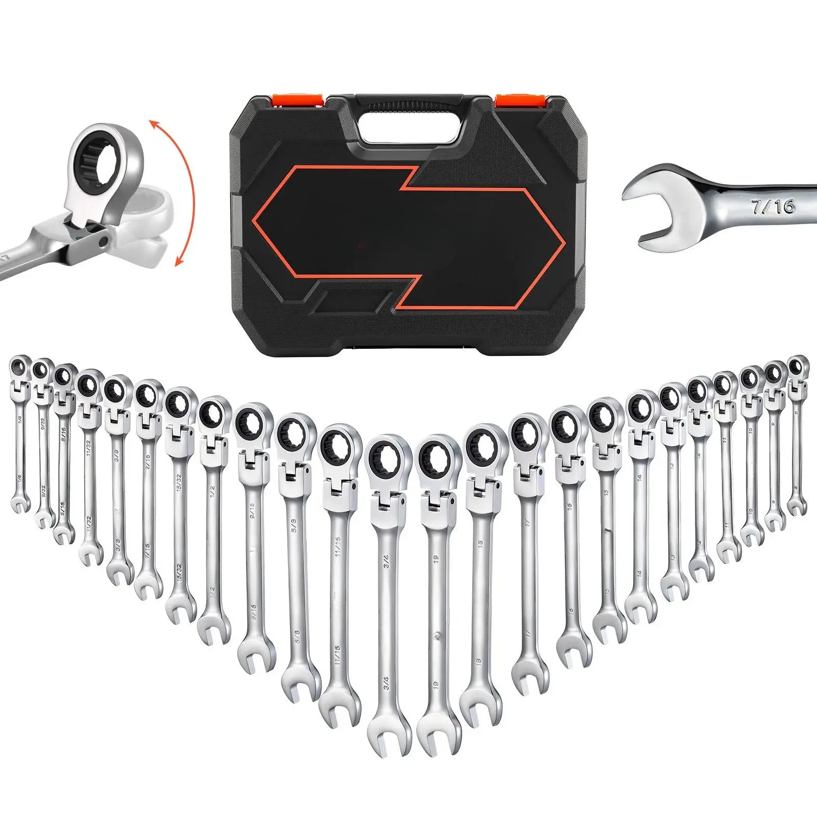 24-Piece Flex-Head Ratcheting Wrench Set - SAE & Metric, 72-Teeth Cr-V Steel Double-Ended Spanners & Wrenches with Micro Swing, Storage Case, Tools and Gadgets for Household, Mechanic Tools, Car Stuff (Silver, Father’s Day Gift), Automotive, Car Acc