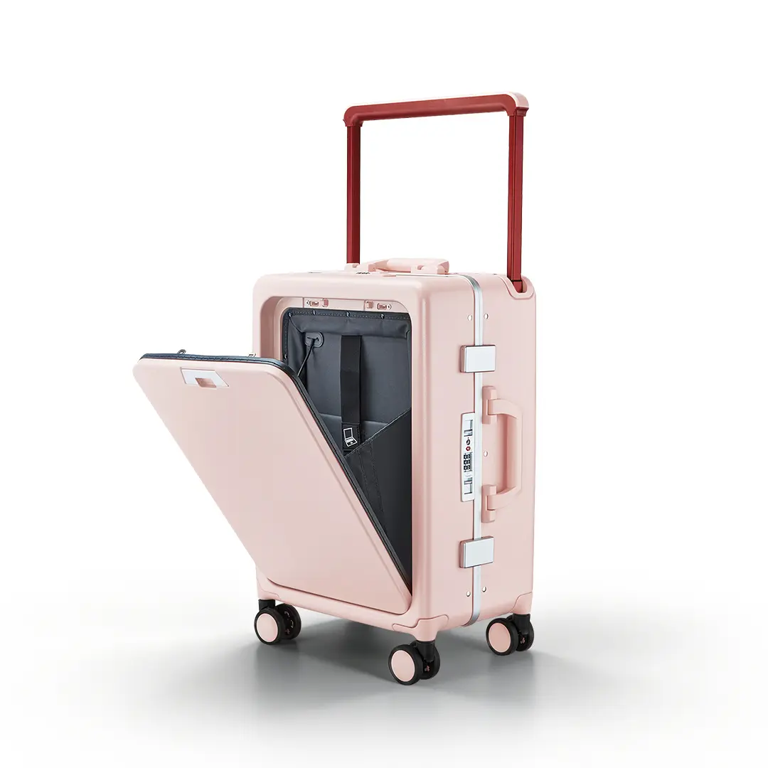 Polycarbonate Carry On Luggage with Front Opening, Waterproof Buckle Closure, Innovative Wide-Handle, 360° Spinner Wheels with Brakes & USB Port, 4 Wheels 360 Rotation, Water Resistant, Anti-Theft