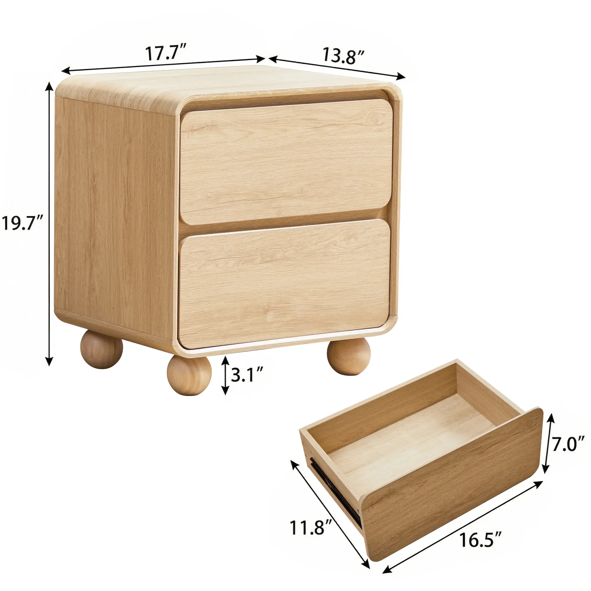 Mid‑Century Modern Nightstand with 2 Drawers, Solid Wood Legs & Curved Profile, Compact Side Table for Small Spaces, Dorms & Bedrooms