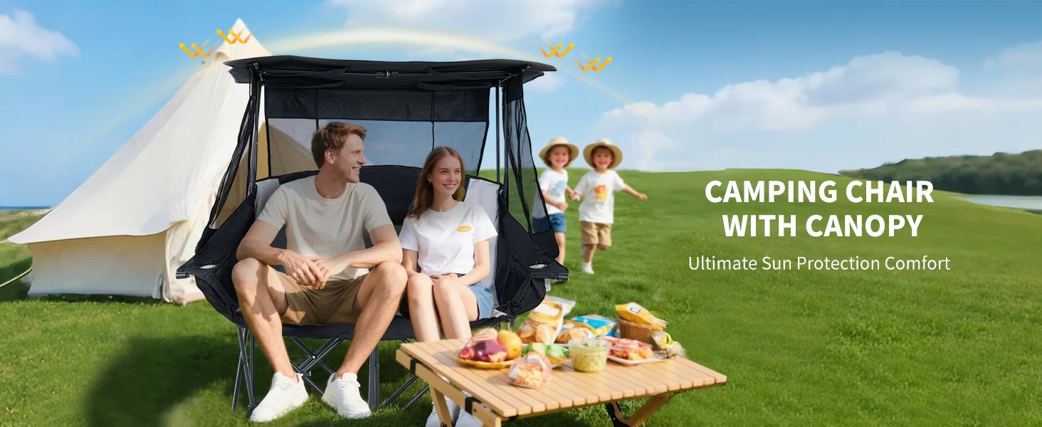 Lilypelle XXXL Double Camping Chair with Shade Canopy, 2 Person Folding Beach Chair with Cup Holder Carrying Bag, Heavy Duty Steel Frame Collapsible Camp Chairs for Outdoor Garden Patio Lawn Sports summergarden deskmakeover