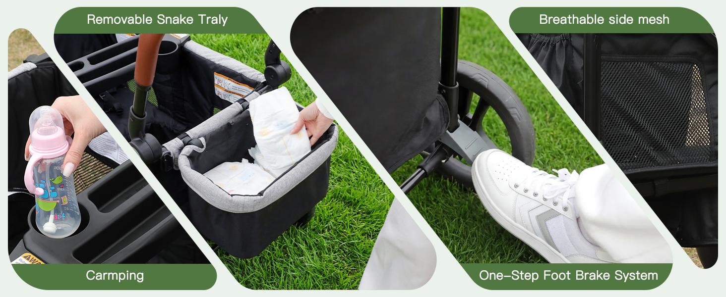 Dripex Stroller Wagon for 2 Kids, All-Terrain Foldable Kids Wagon Stroller with Removable Canopy, Mosquito Net, Snack Tray, Cup Holders & Storage Basket